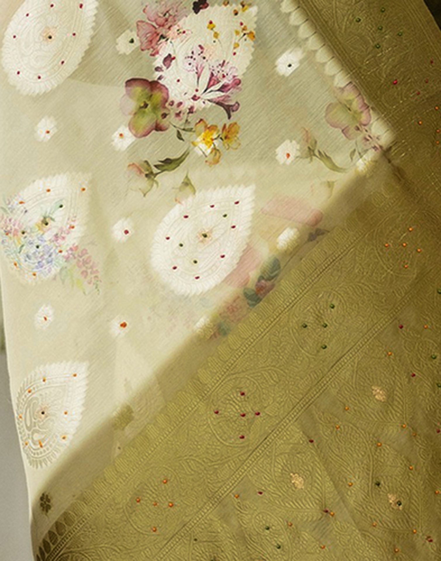 Light Pista Green Chanderi Floral Printed Saree