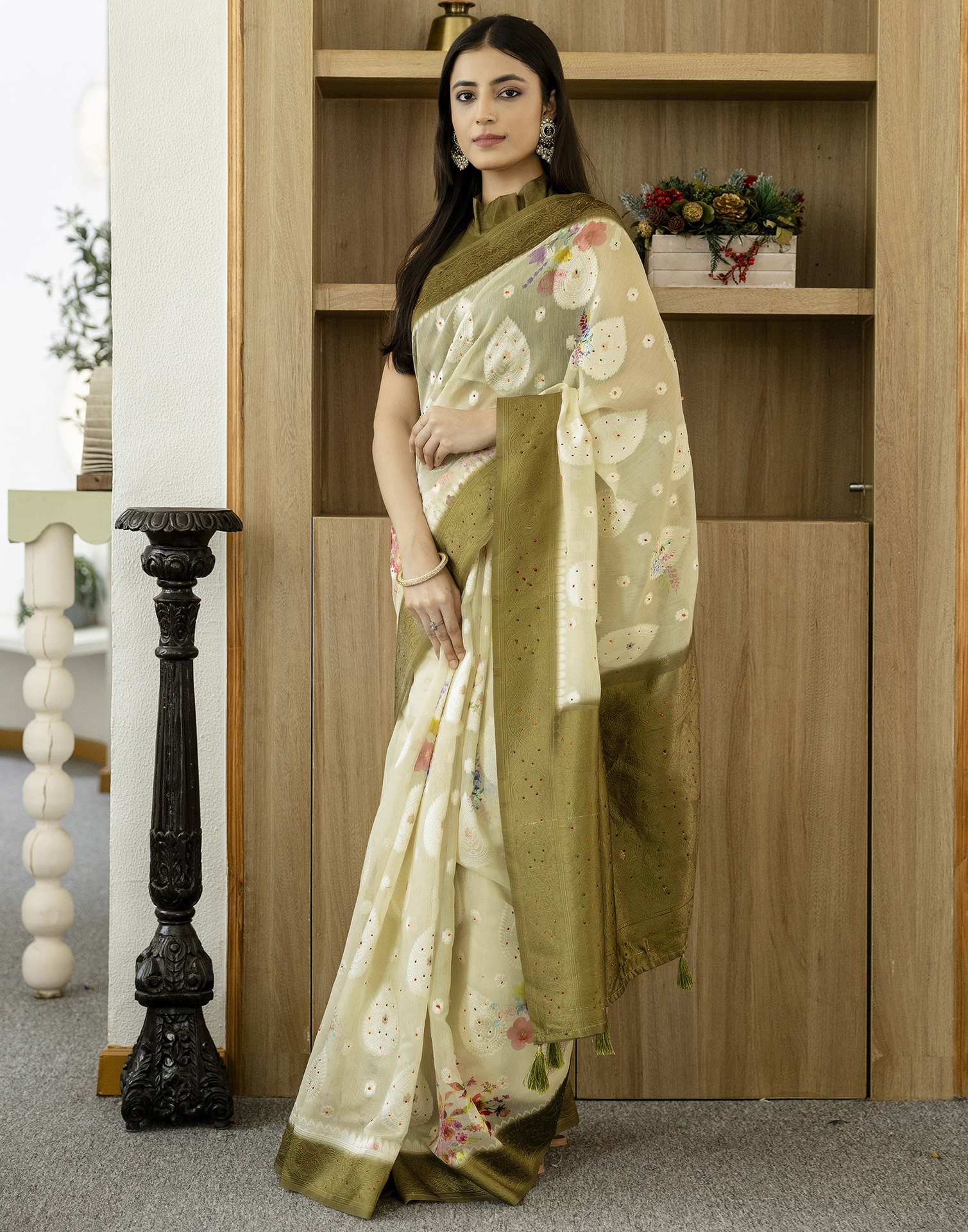 Light Pista Green Chanderi Floral Printed Saree