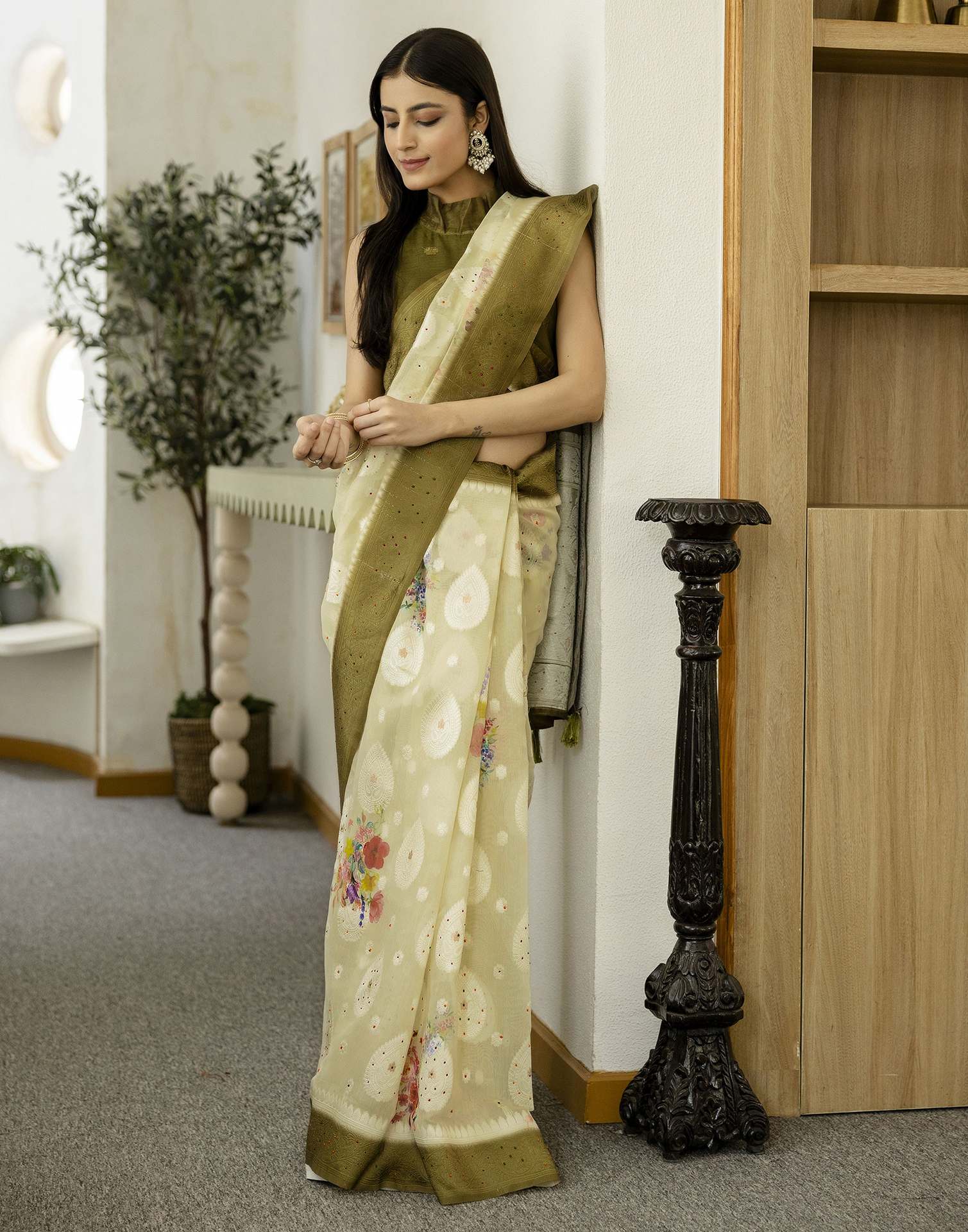 Light Pista Green Chanderi Floral Printed Saree