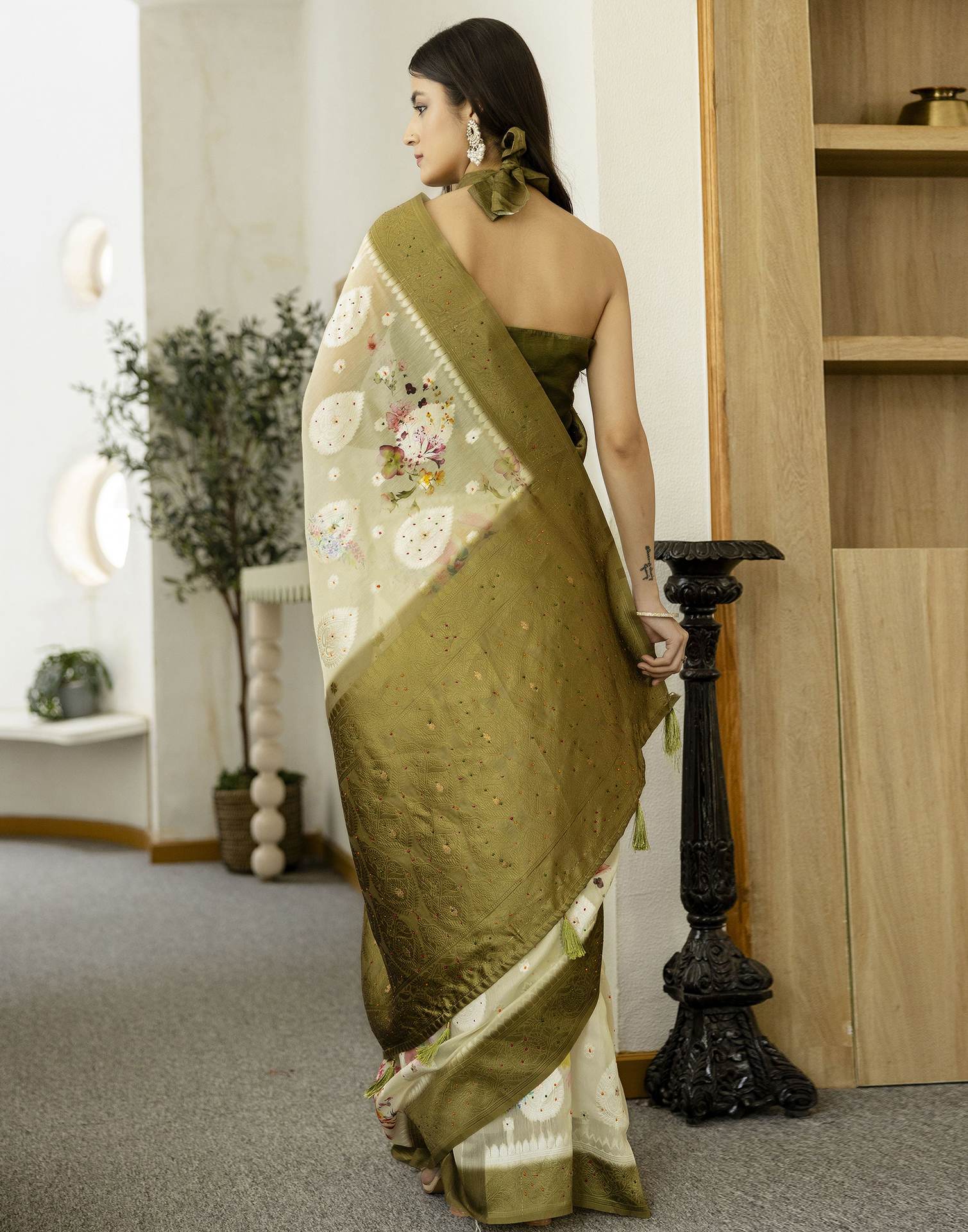 Light Pista Green Chanderi Floral Printed Saree