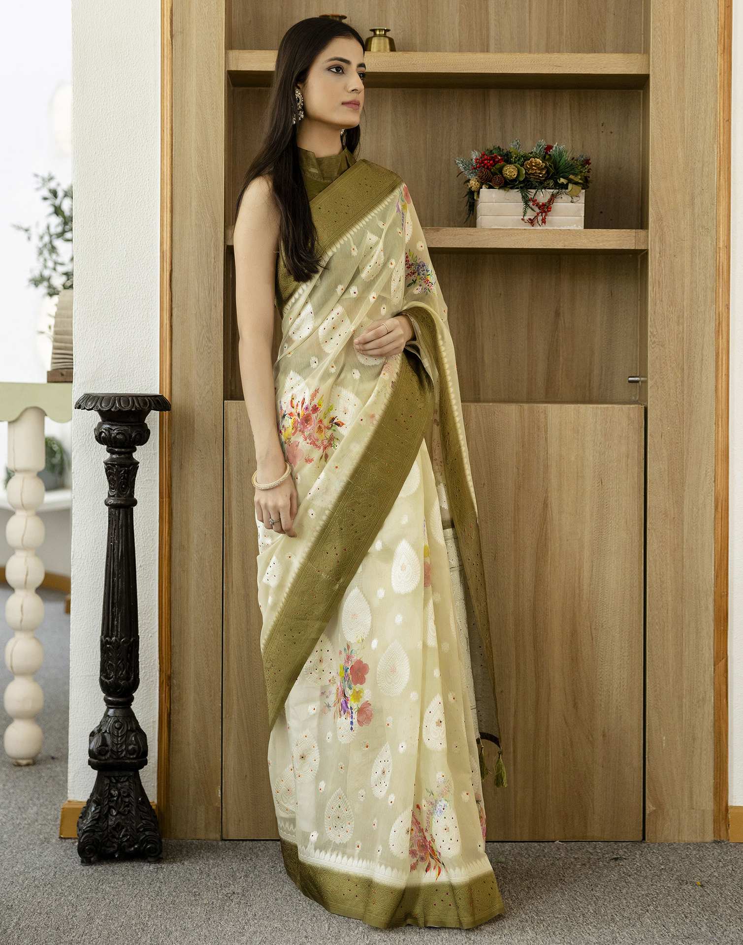 Light Pista Green Chanderi Floral Printed Saree