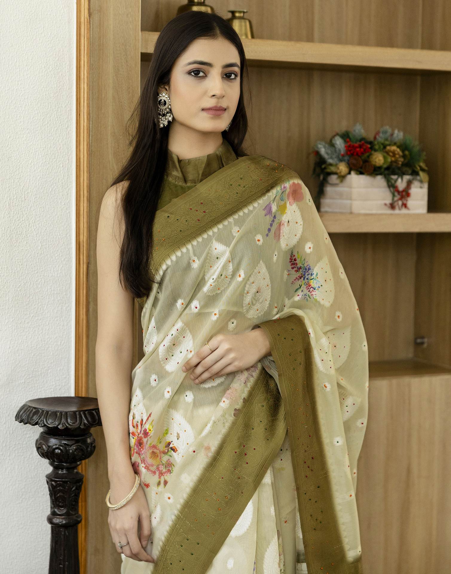Light Pista Green Chanderi Floral Printed Saree