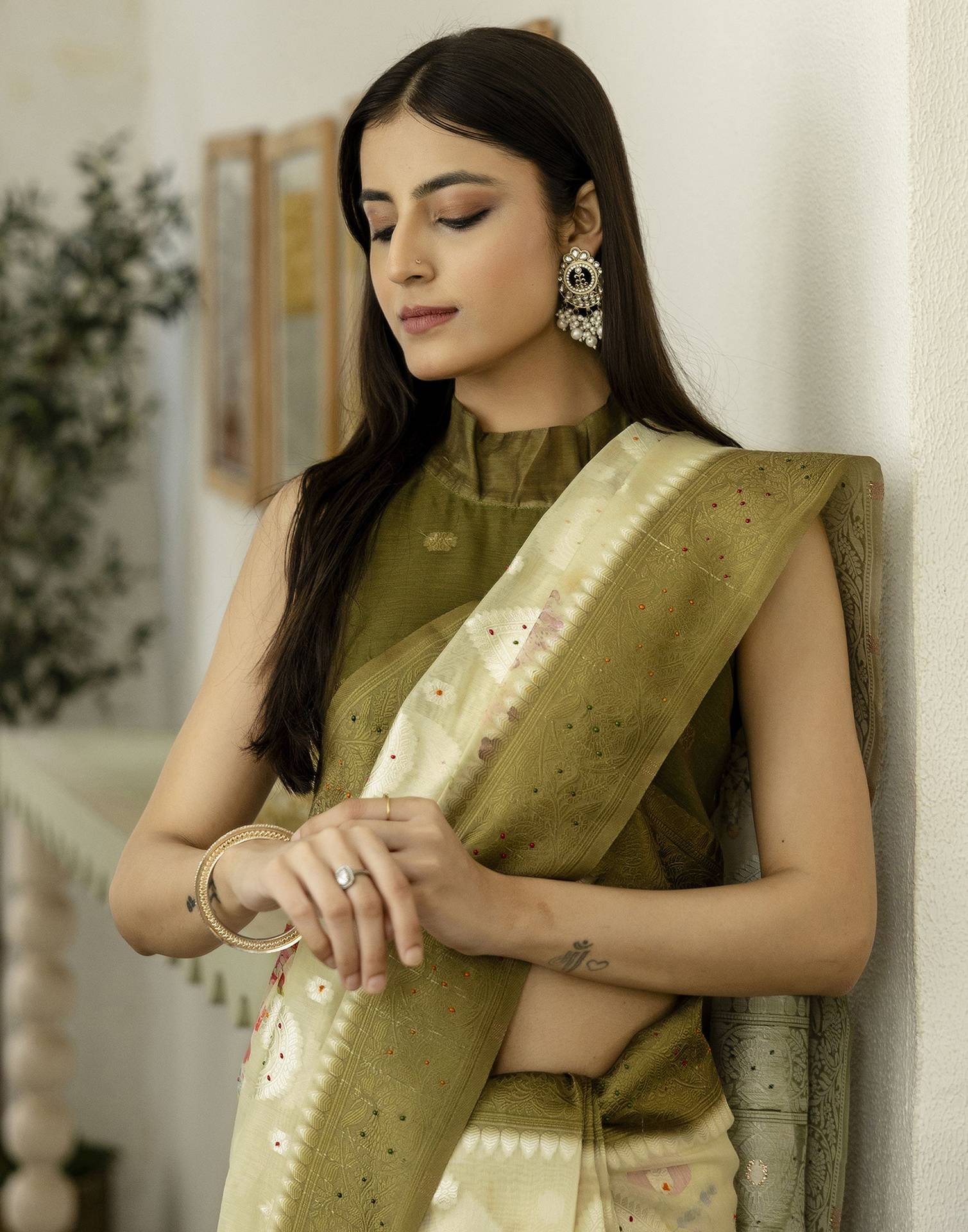 Light Pista Green Chanderi Floral Printed Saree