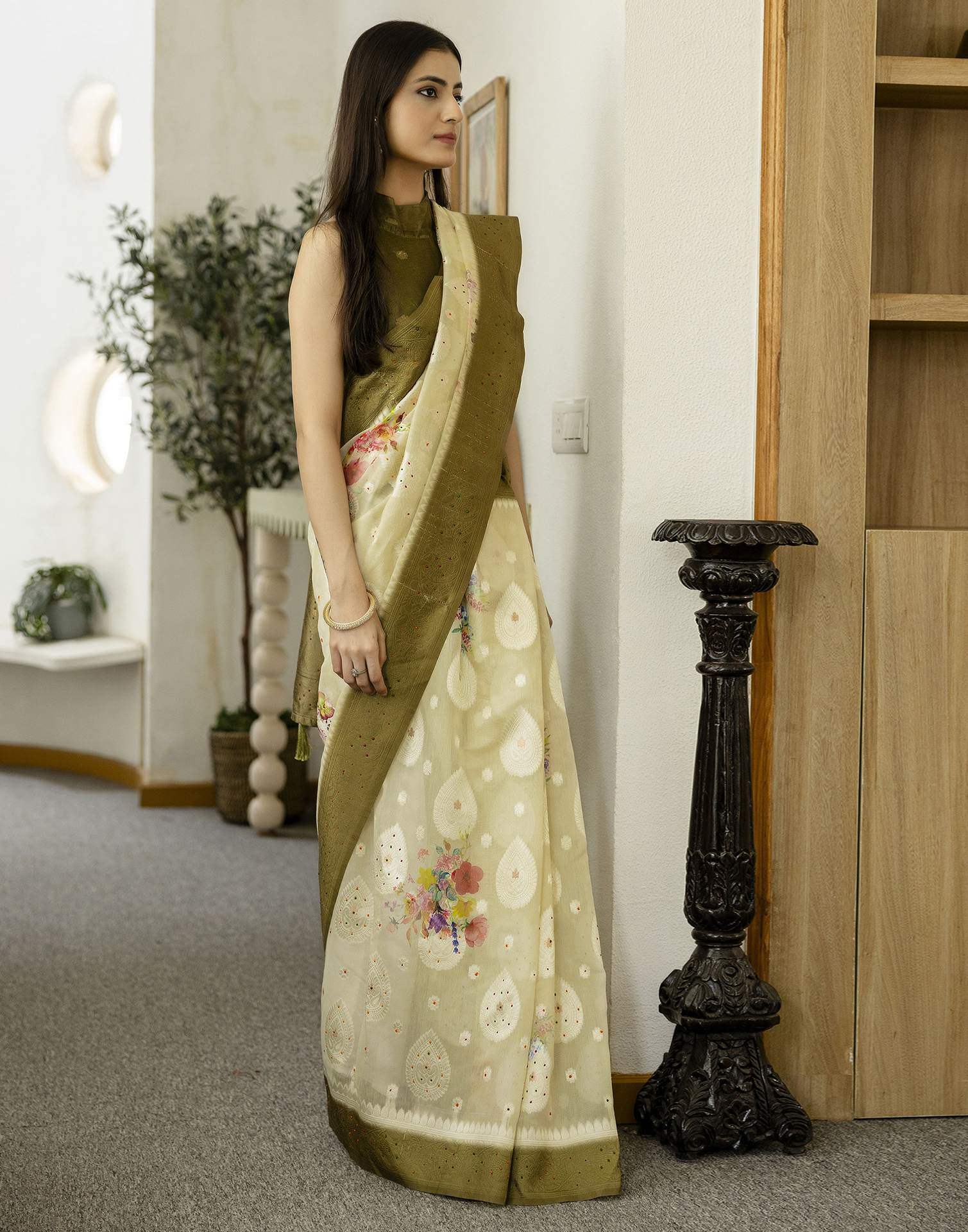 Light Pista Green Chanderi Floral Printed Saree