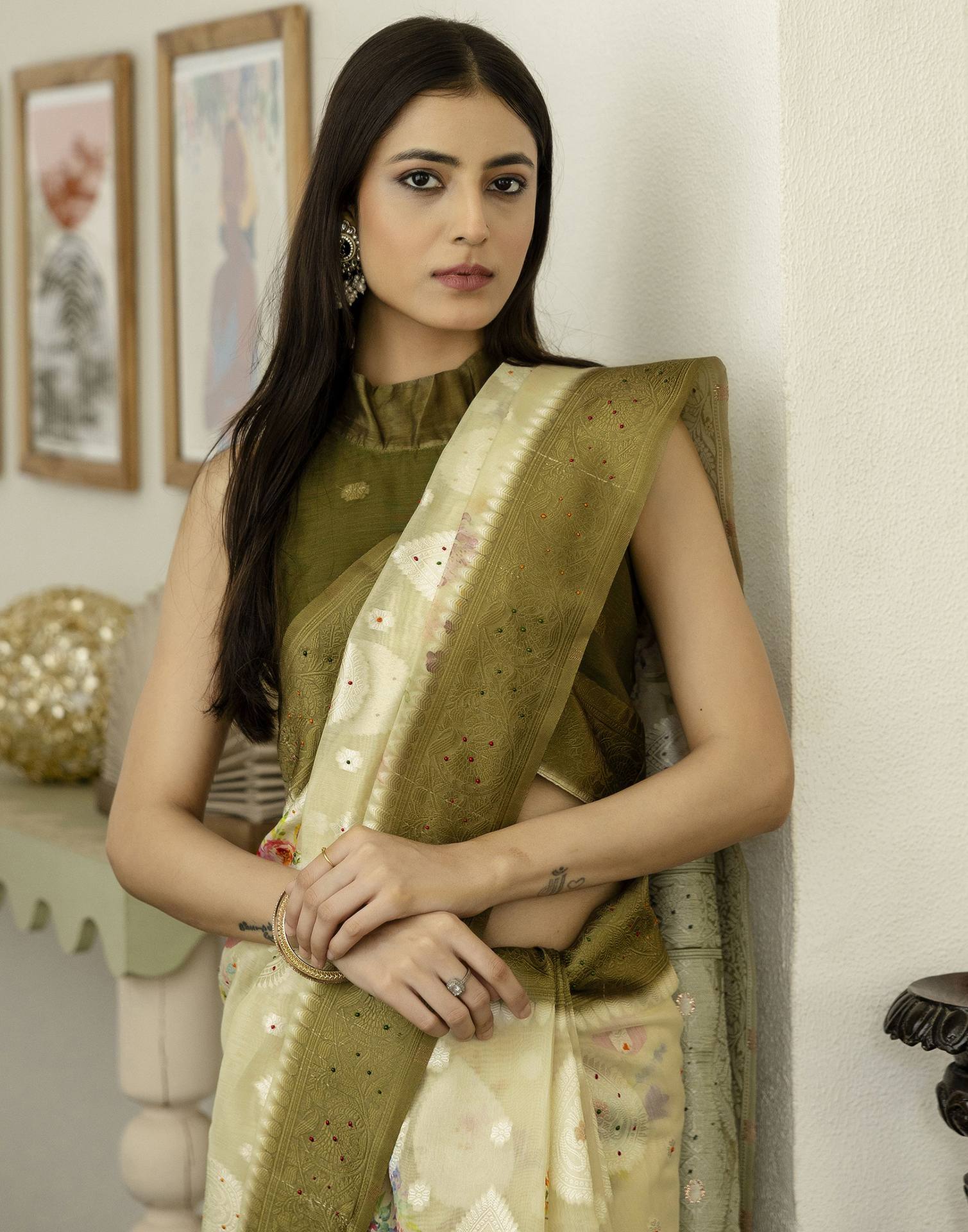 Light Pista Green Chanderi Floral Printed Saree