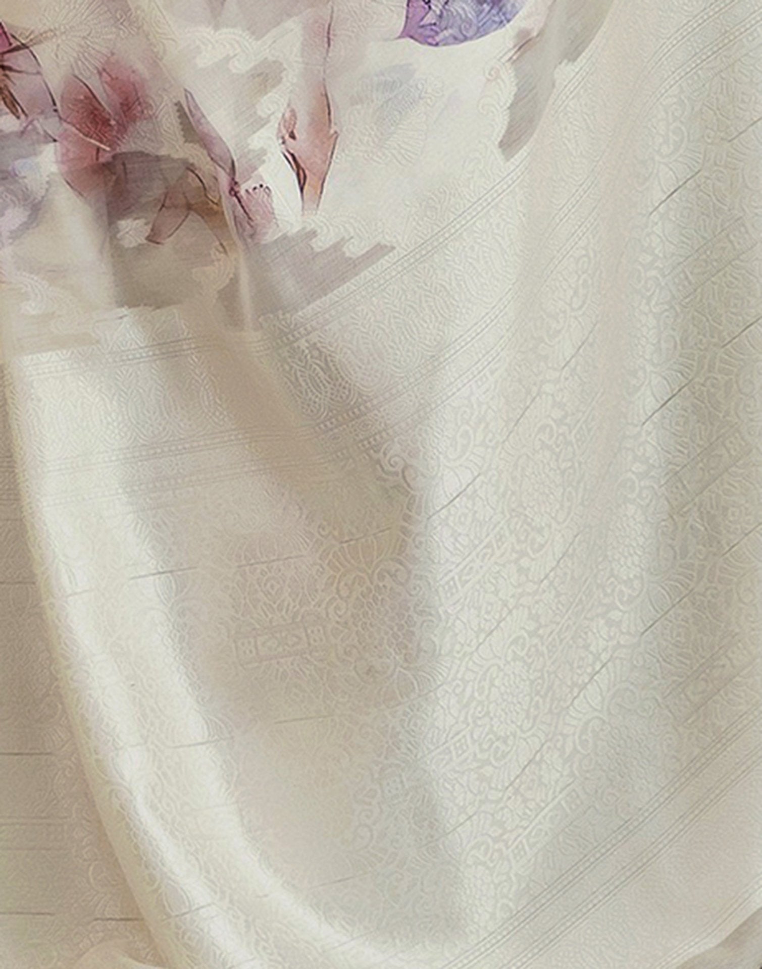 White Chanderi Printed Saree