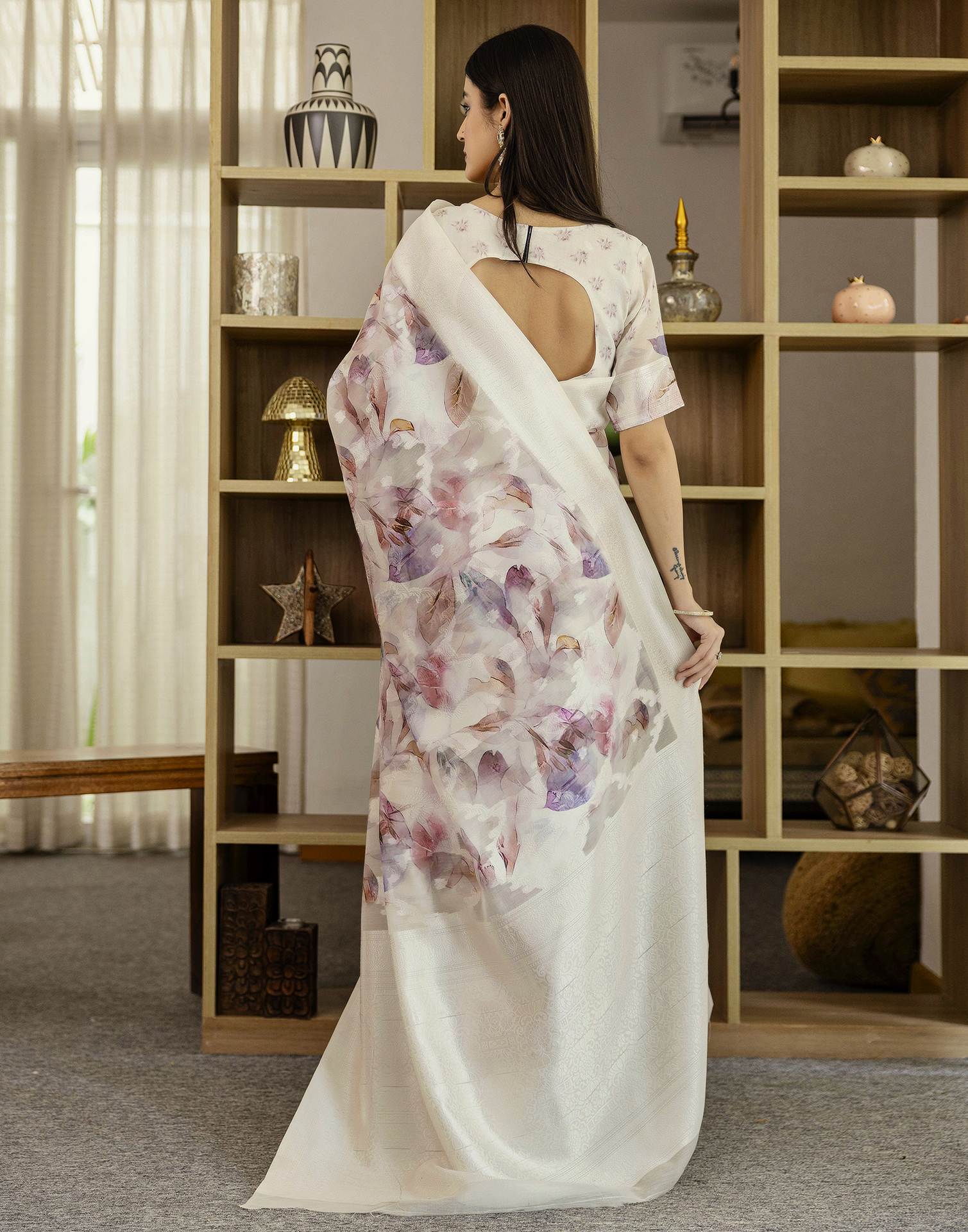 White Chanderi Printed Saree