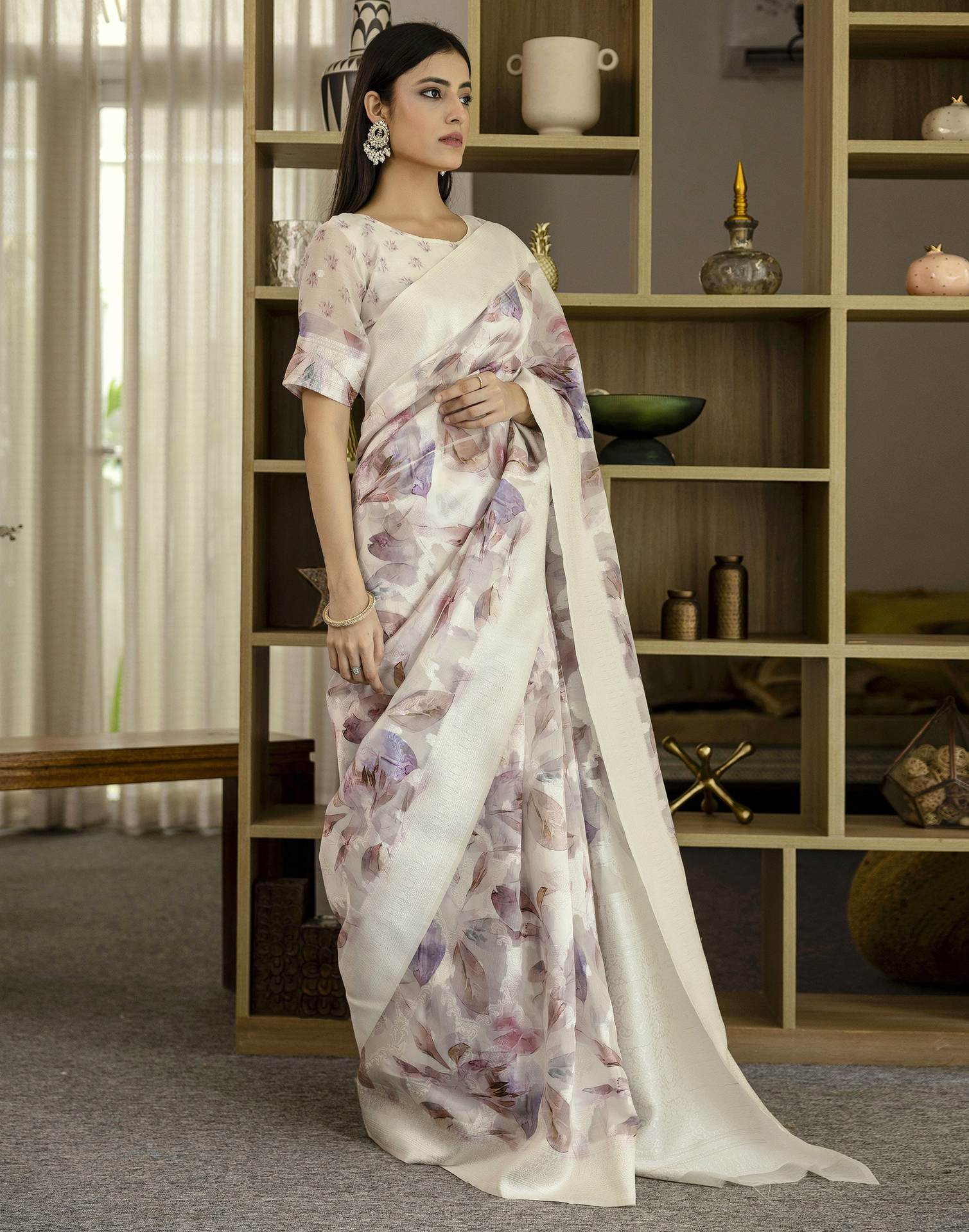 White Chanderi Printed Saree
