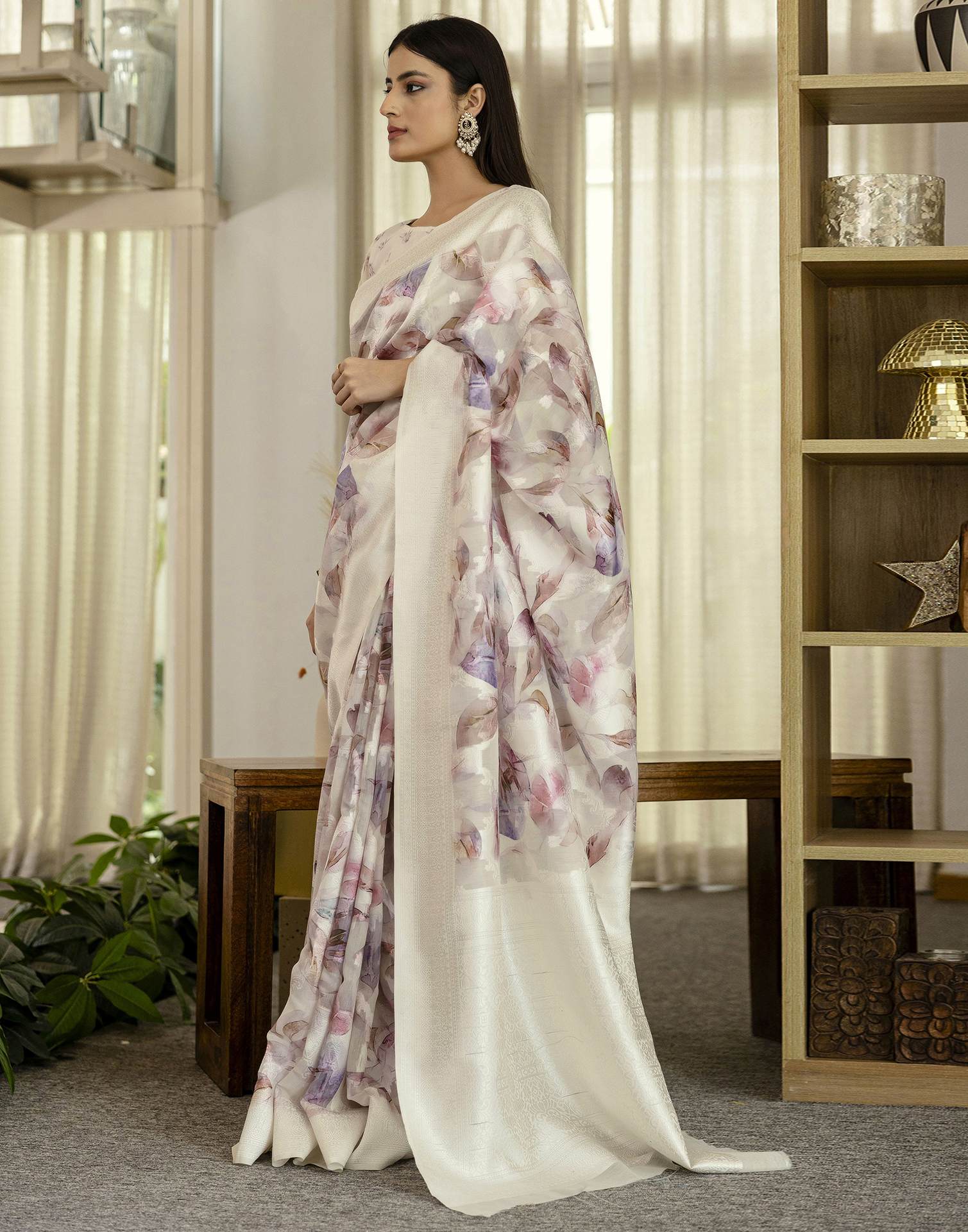 White Chanderi Printed Saree