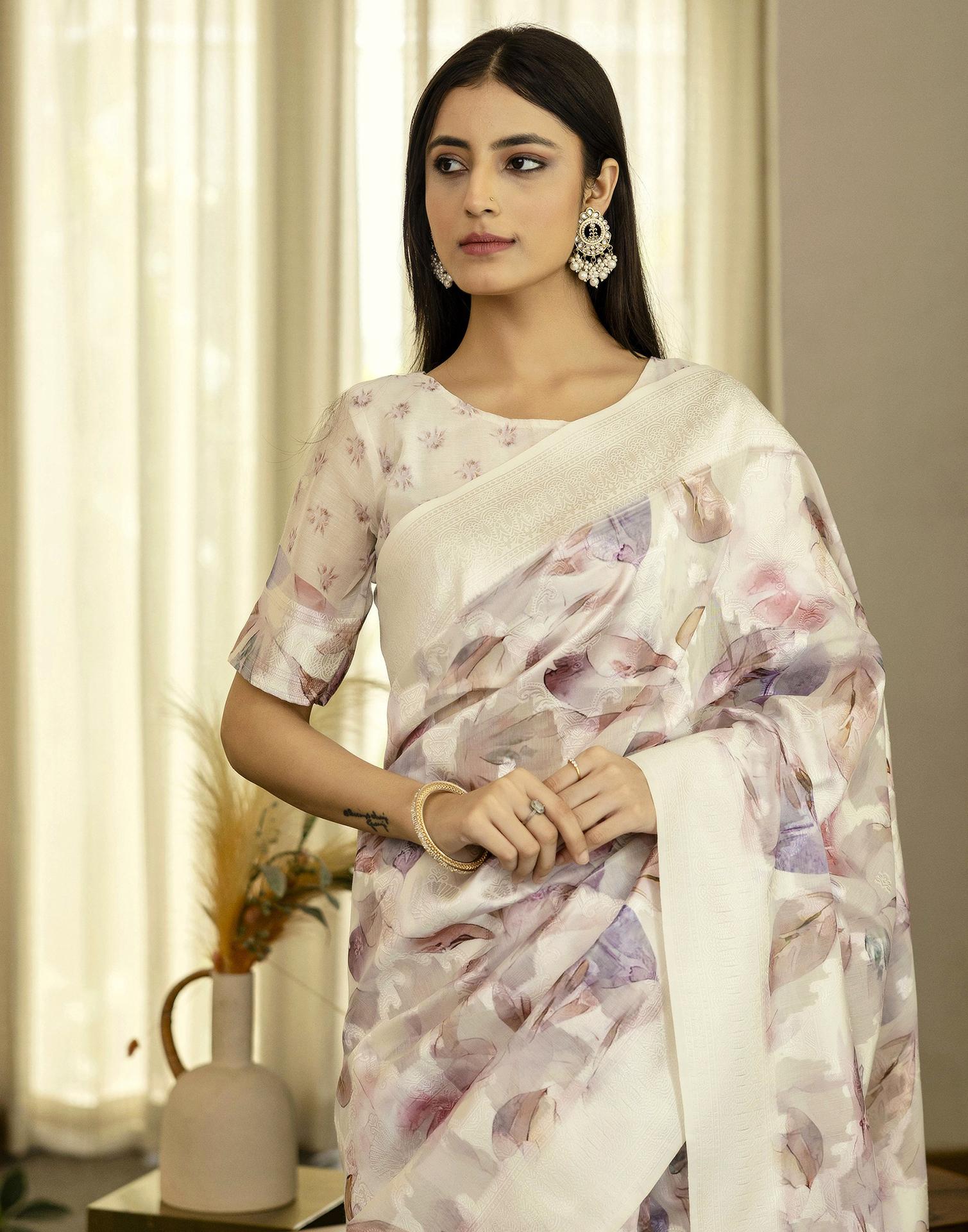 White Chanderi Printed Saree