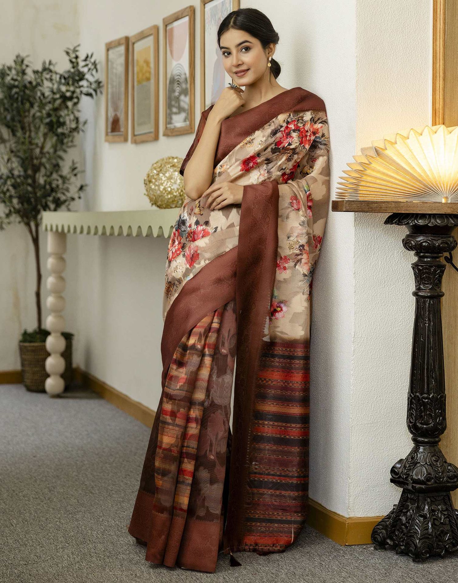 Beige Chanderi Floral Printed Saree
