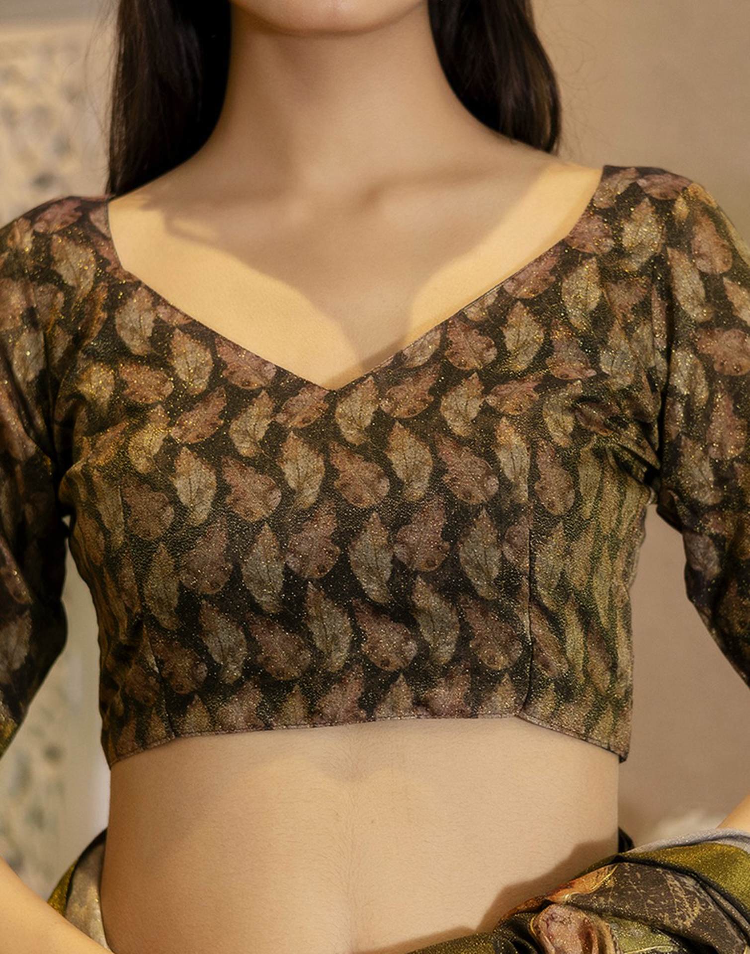 Coffee Brown Shimmer Printed Saree