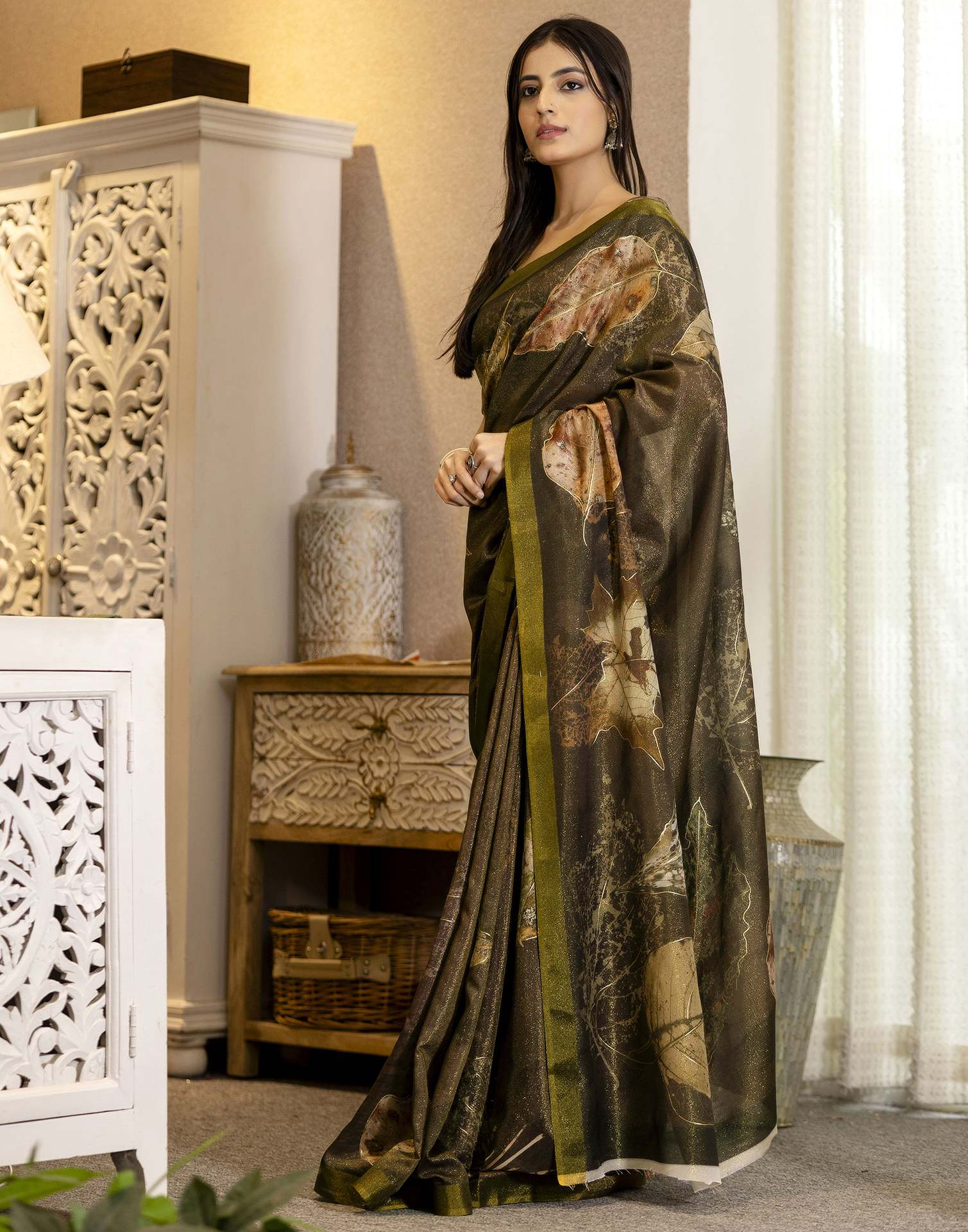 Coffee Brown Shimmer Printed Saree