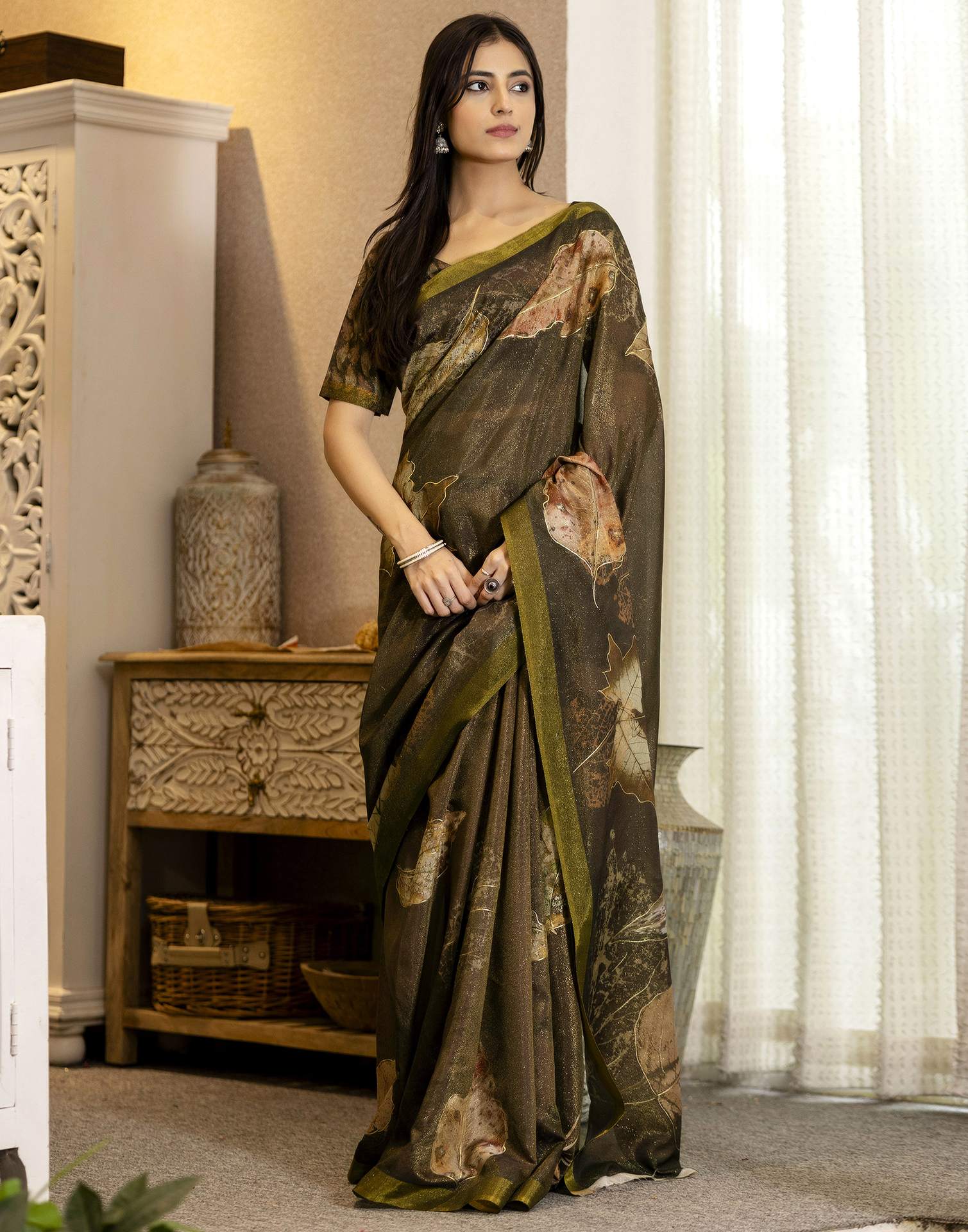 Coffee Brown Shimmer Printed Saree