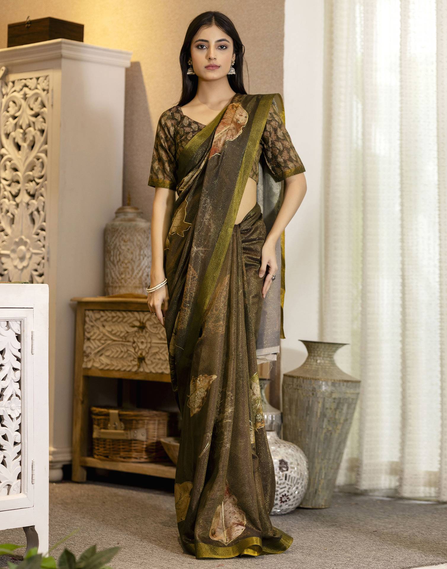 Coffee Brown Shimmer Printed Saree