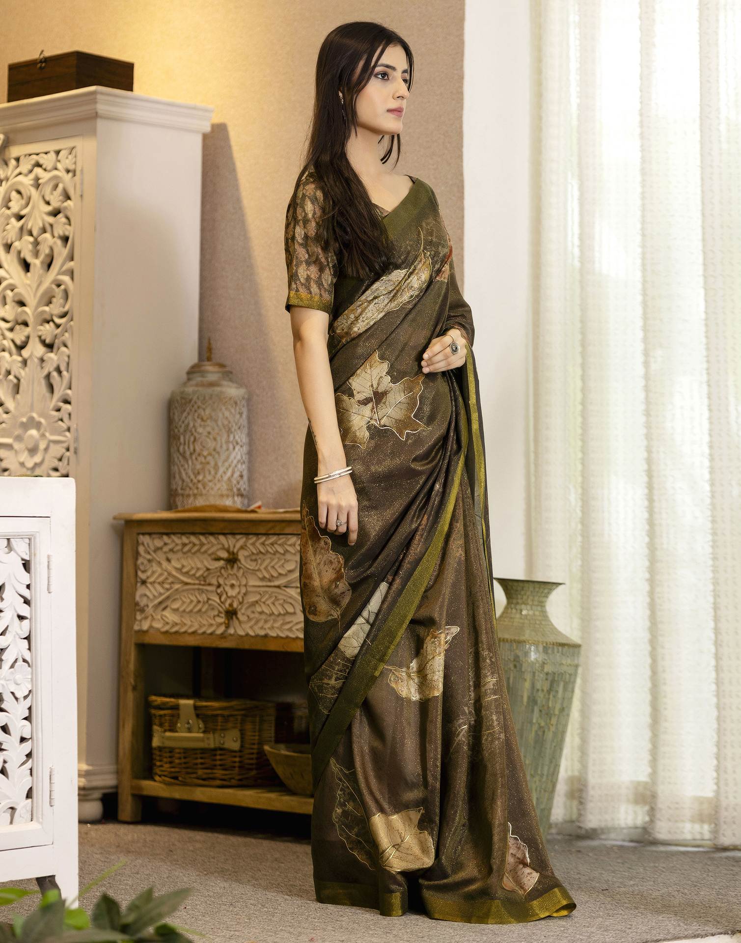 Coffee Brown Shimmer Printed Saree