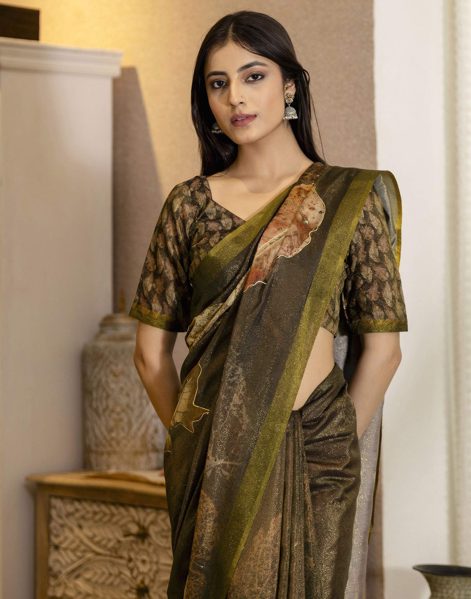 Coffee Brown Shimmer Printed Saree