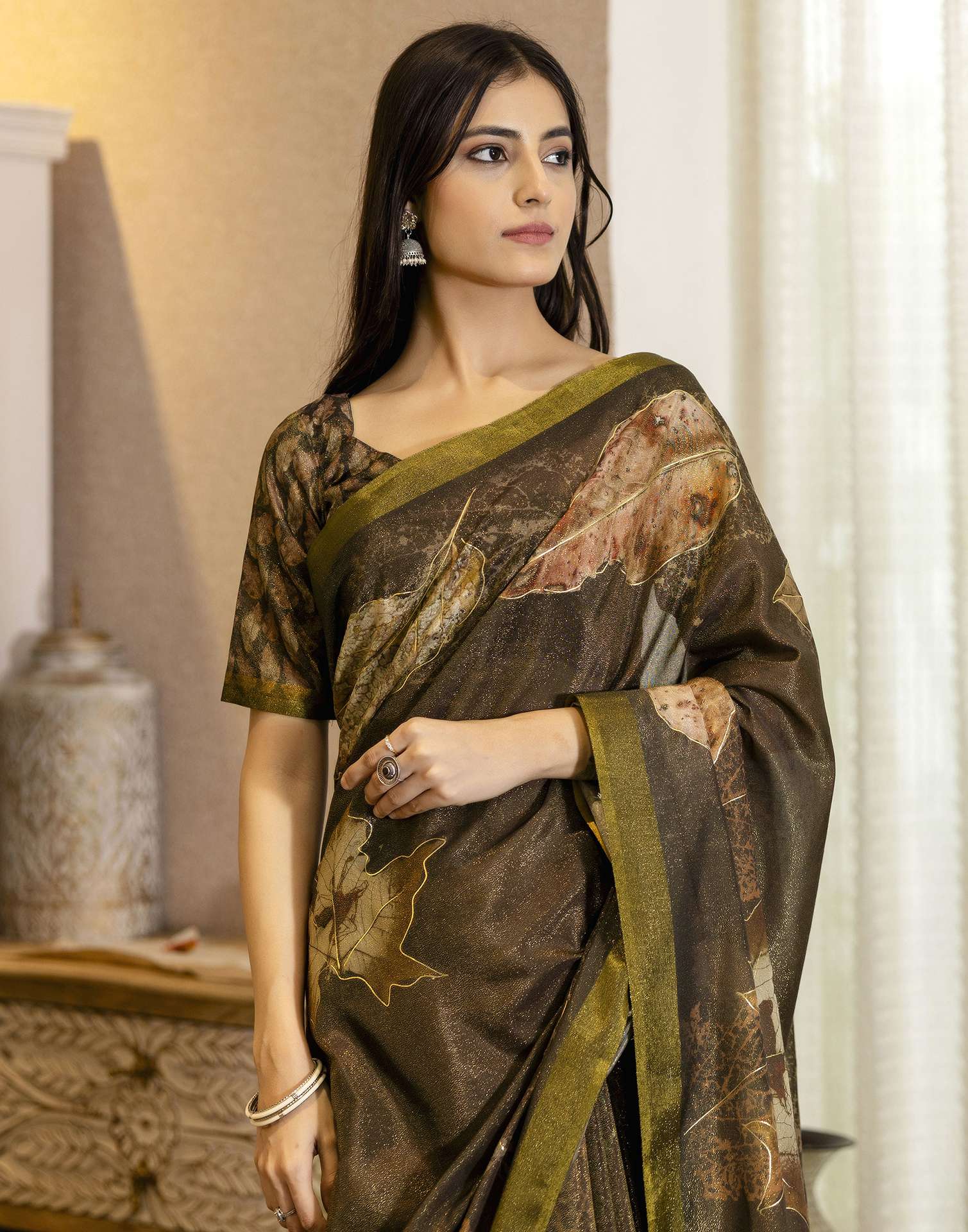 Coffee Brown Shimmer Printed Saree