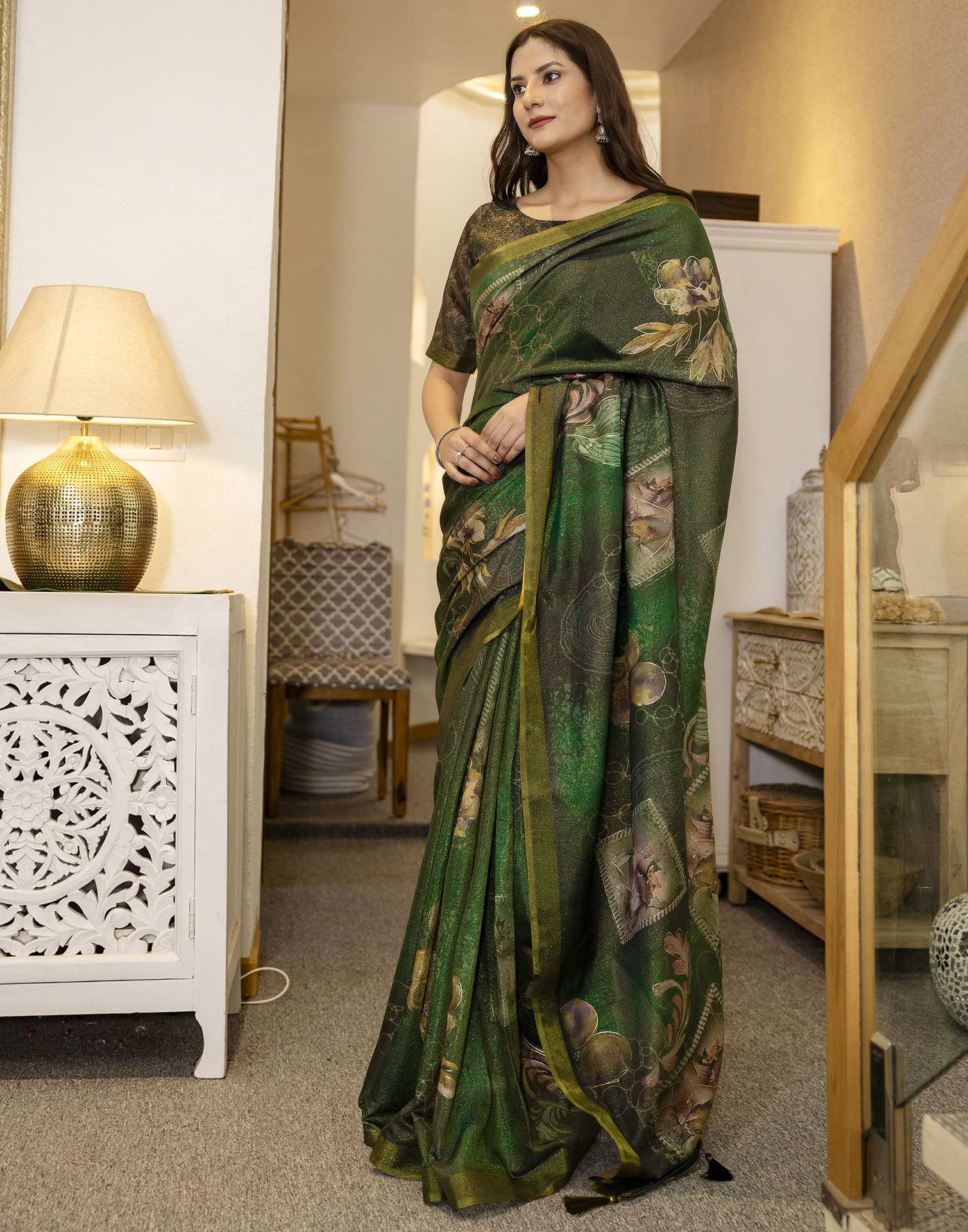Dark Green Shimmer Printed Saree