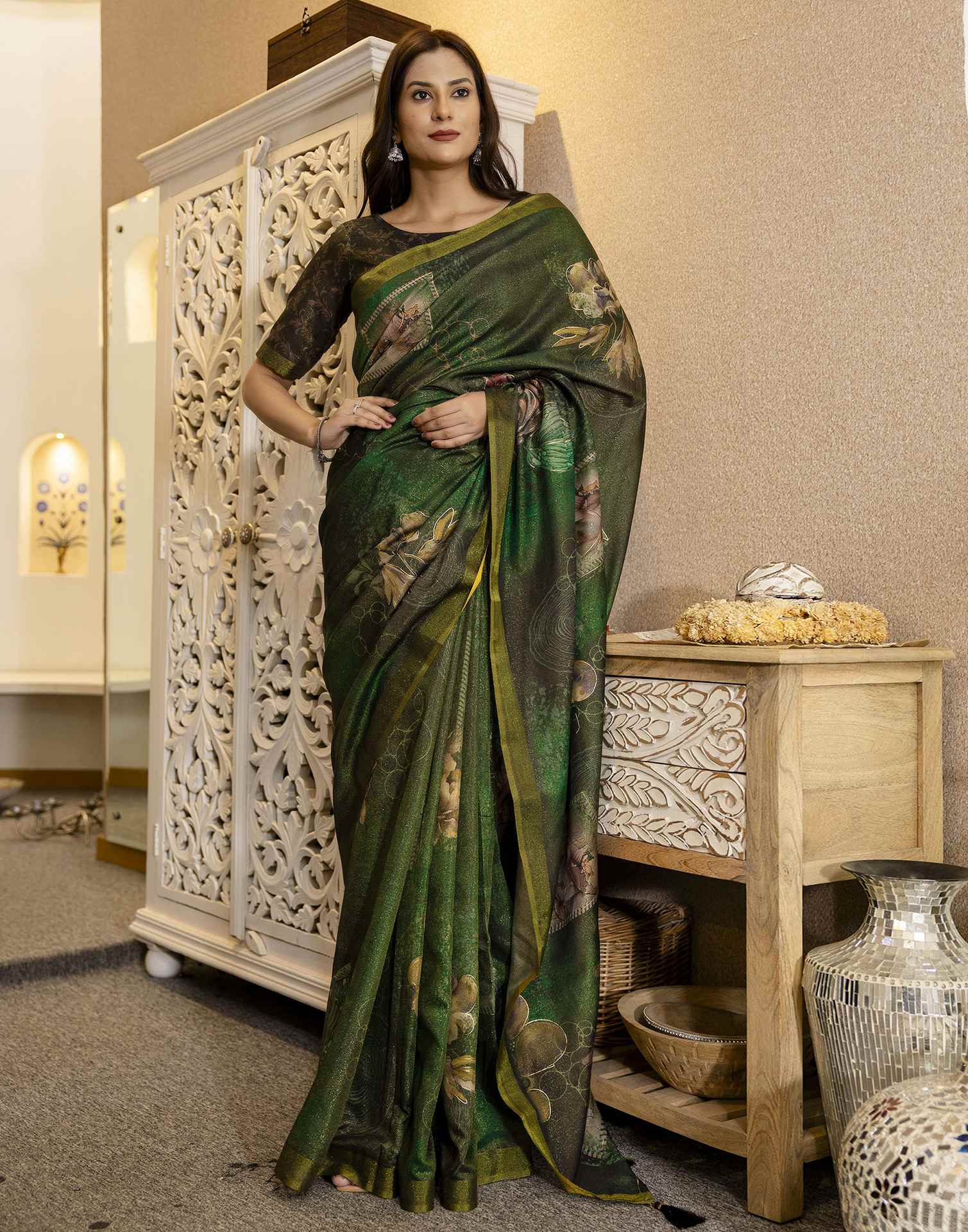 Dark Green Shimmer Printed Saree
