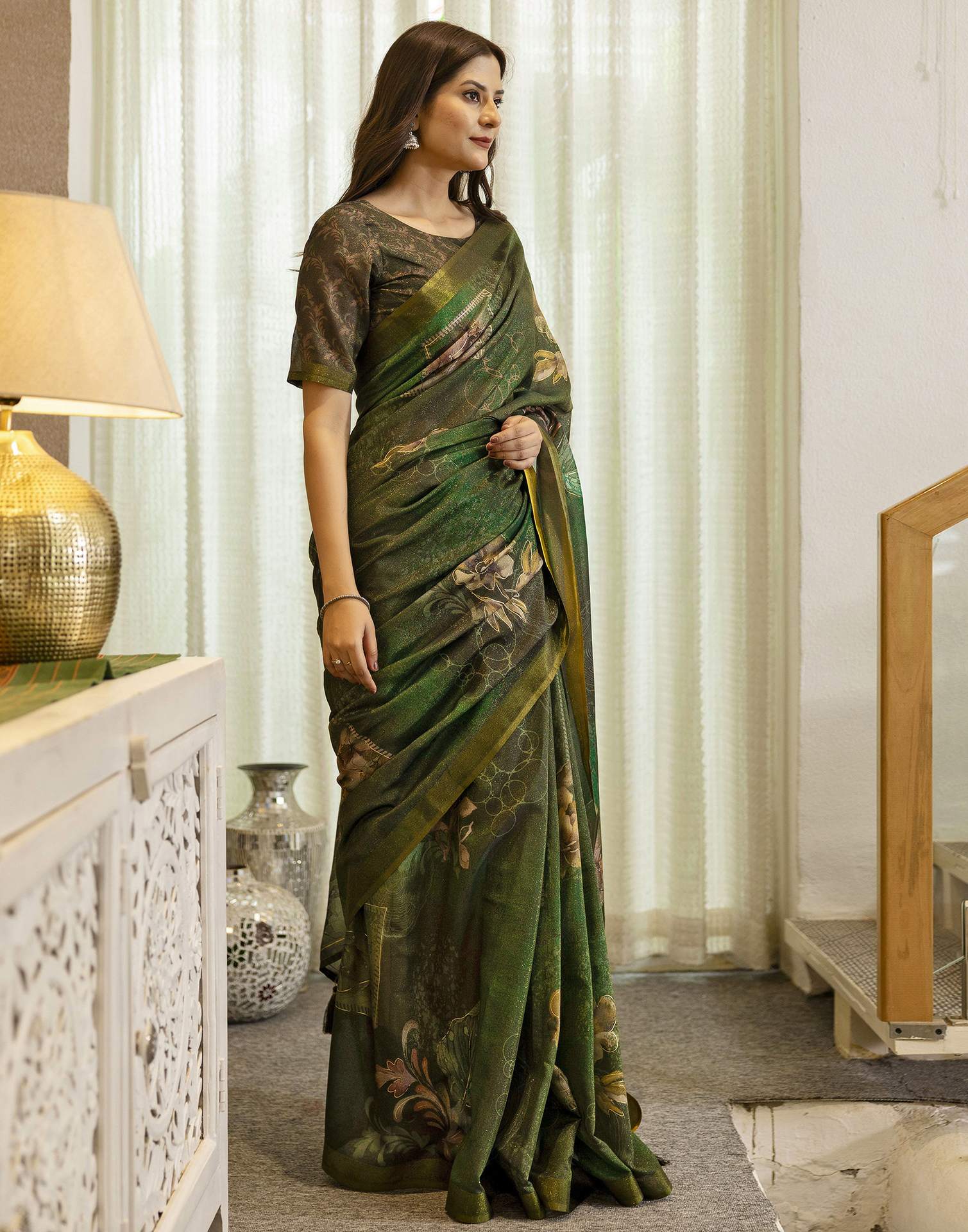 Dark Green Shimmer Printed Saree