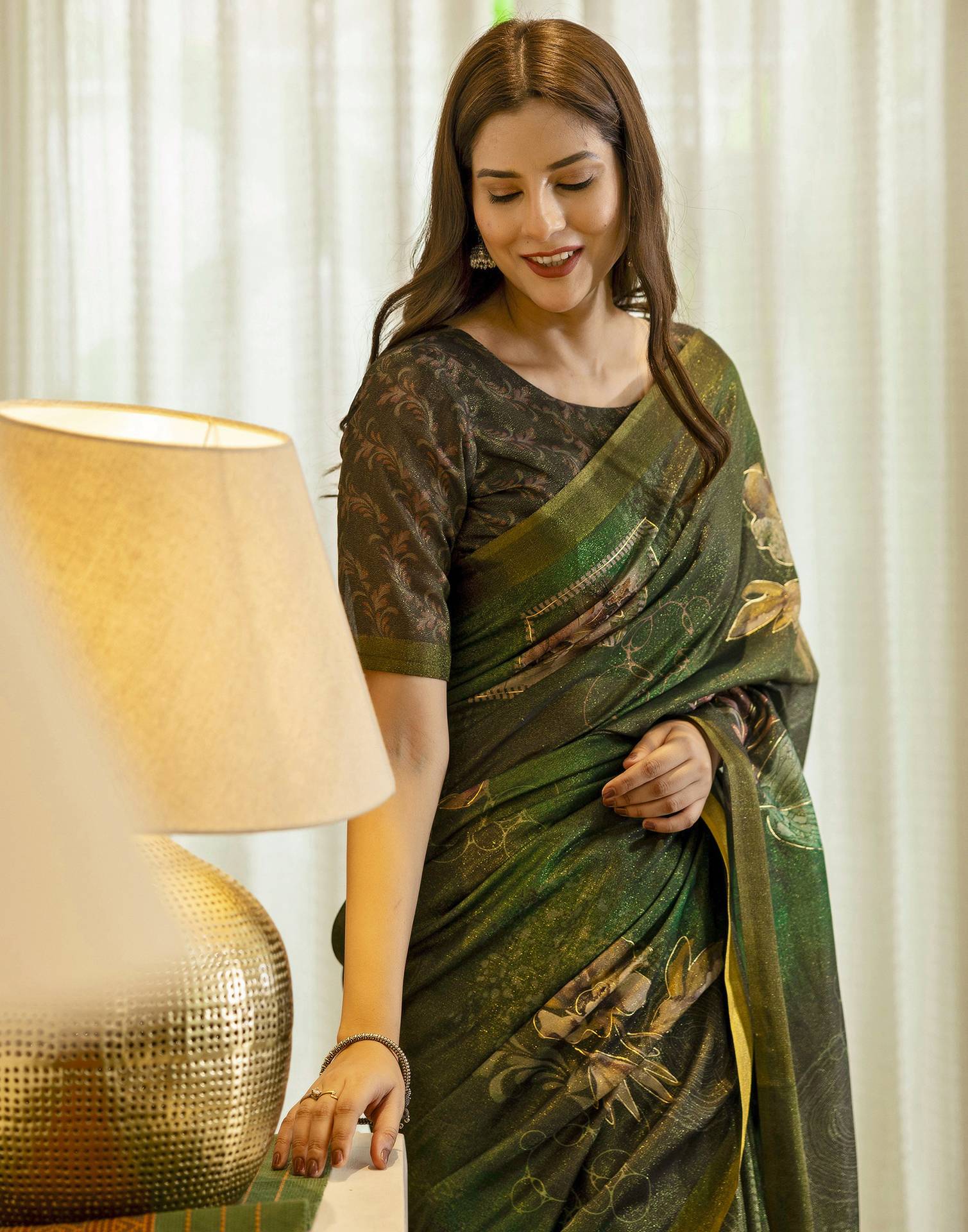 Dark Green Shimmer Printed Saree
