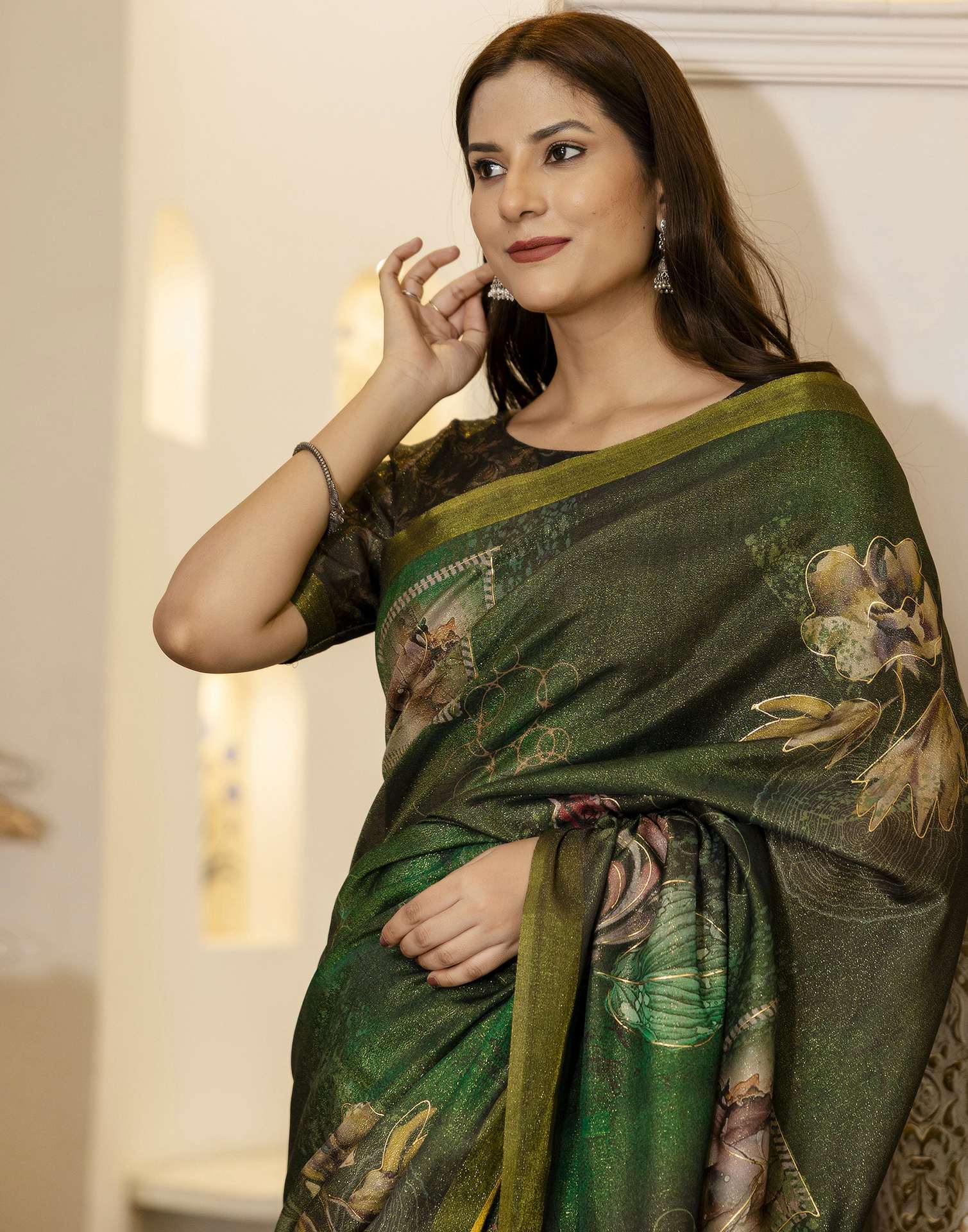 Dark Green Shimmer Printed Saree