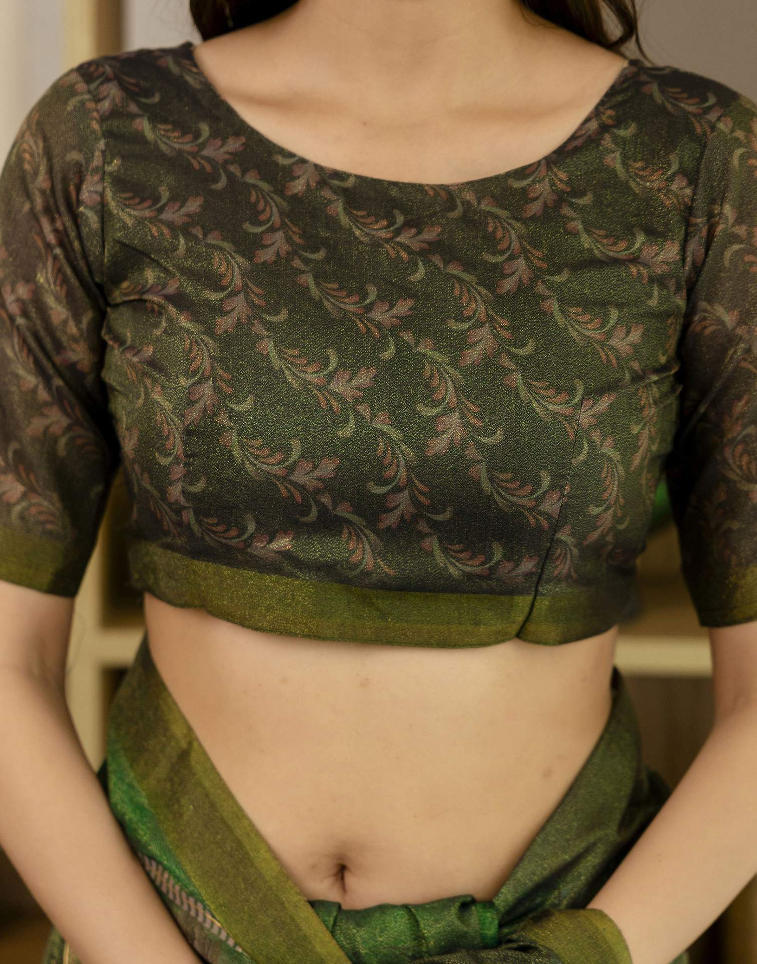 Dark Green Shimmer Printed Saree
