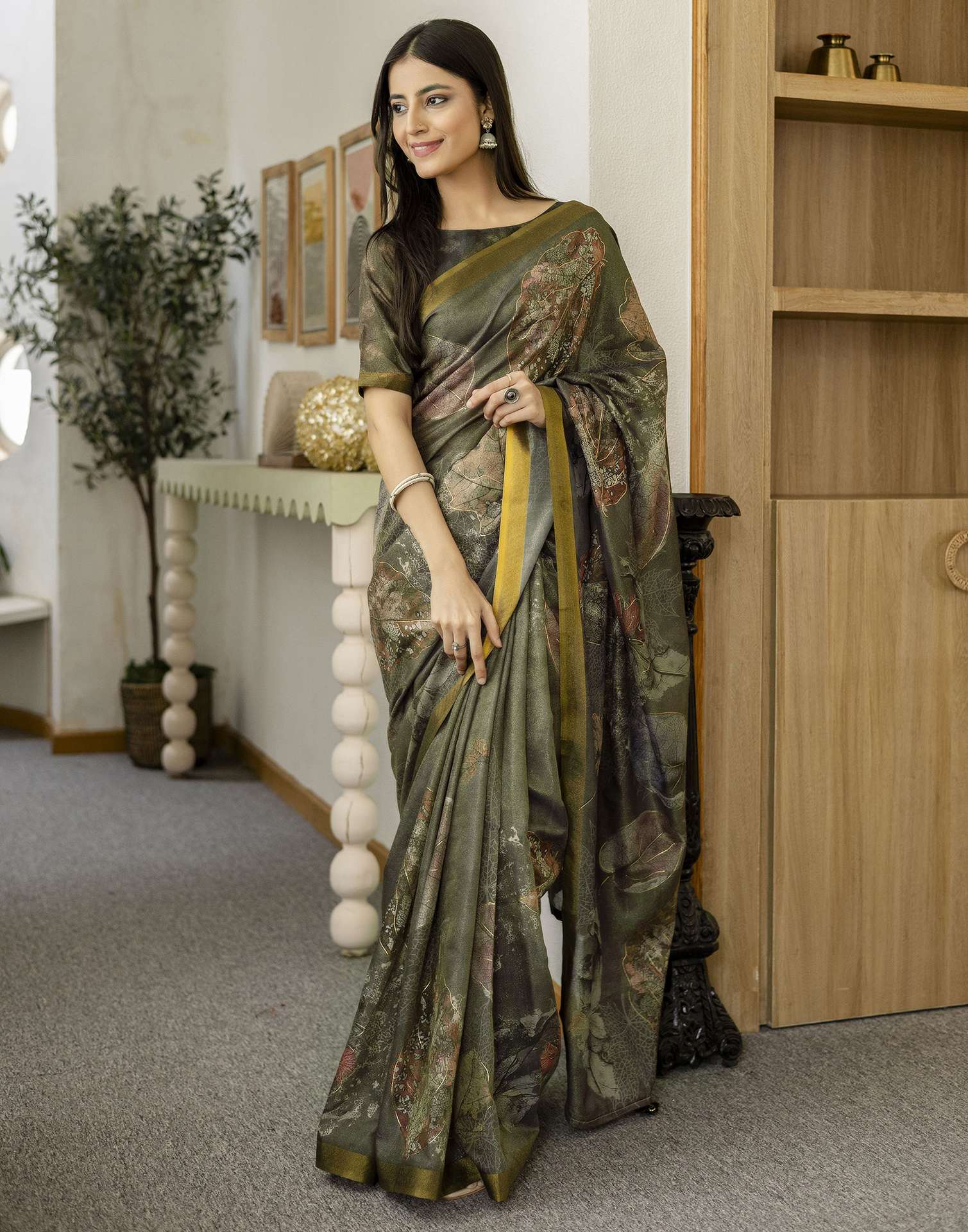 Dusty Olive Green Shimmer Printed Saree