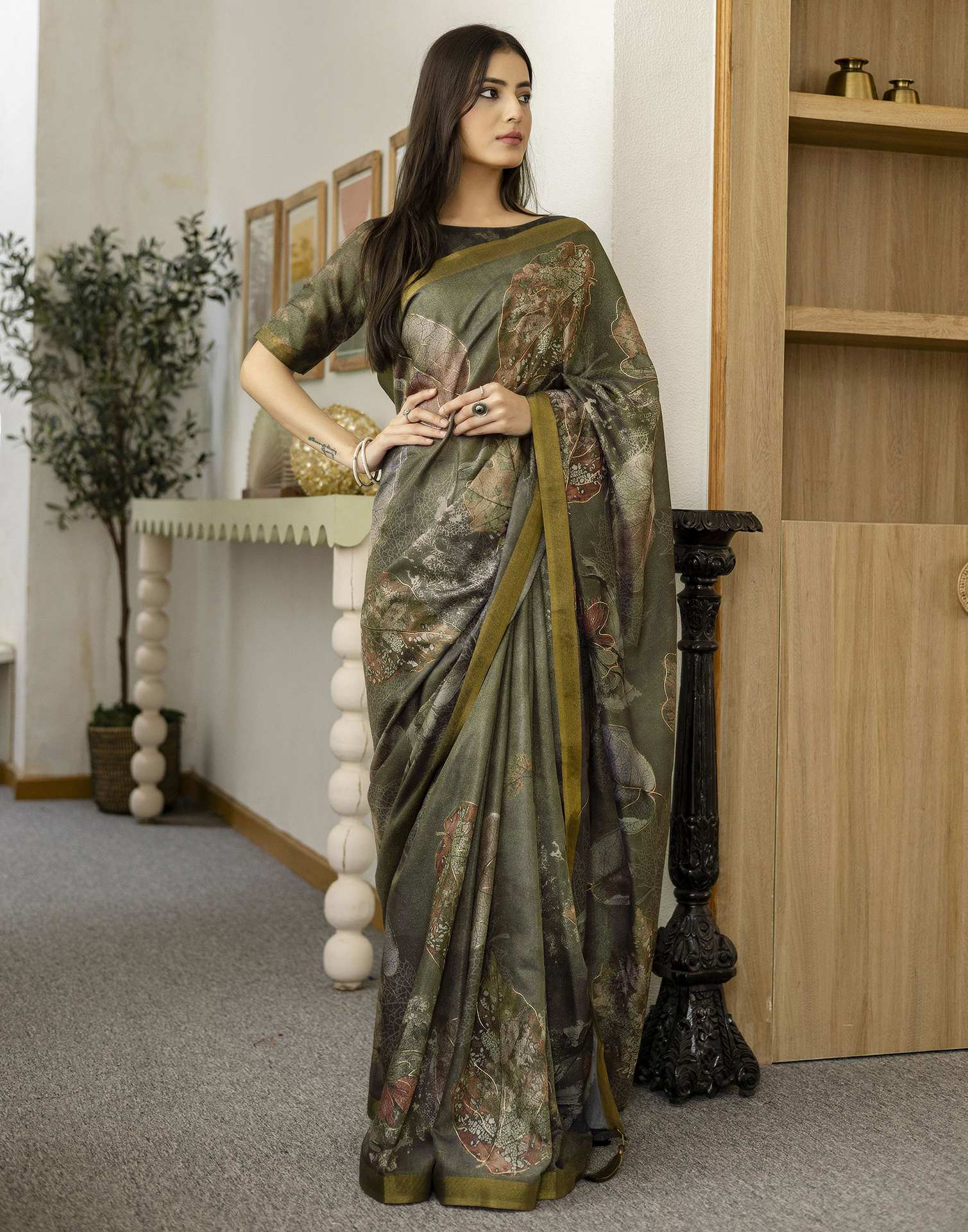 Dusty Olive Green Shimmer Printed Saree