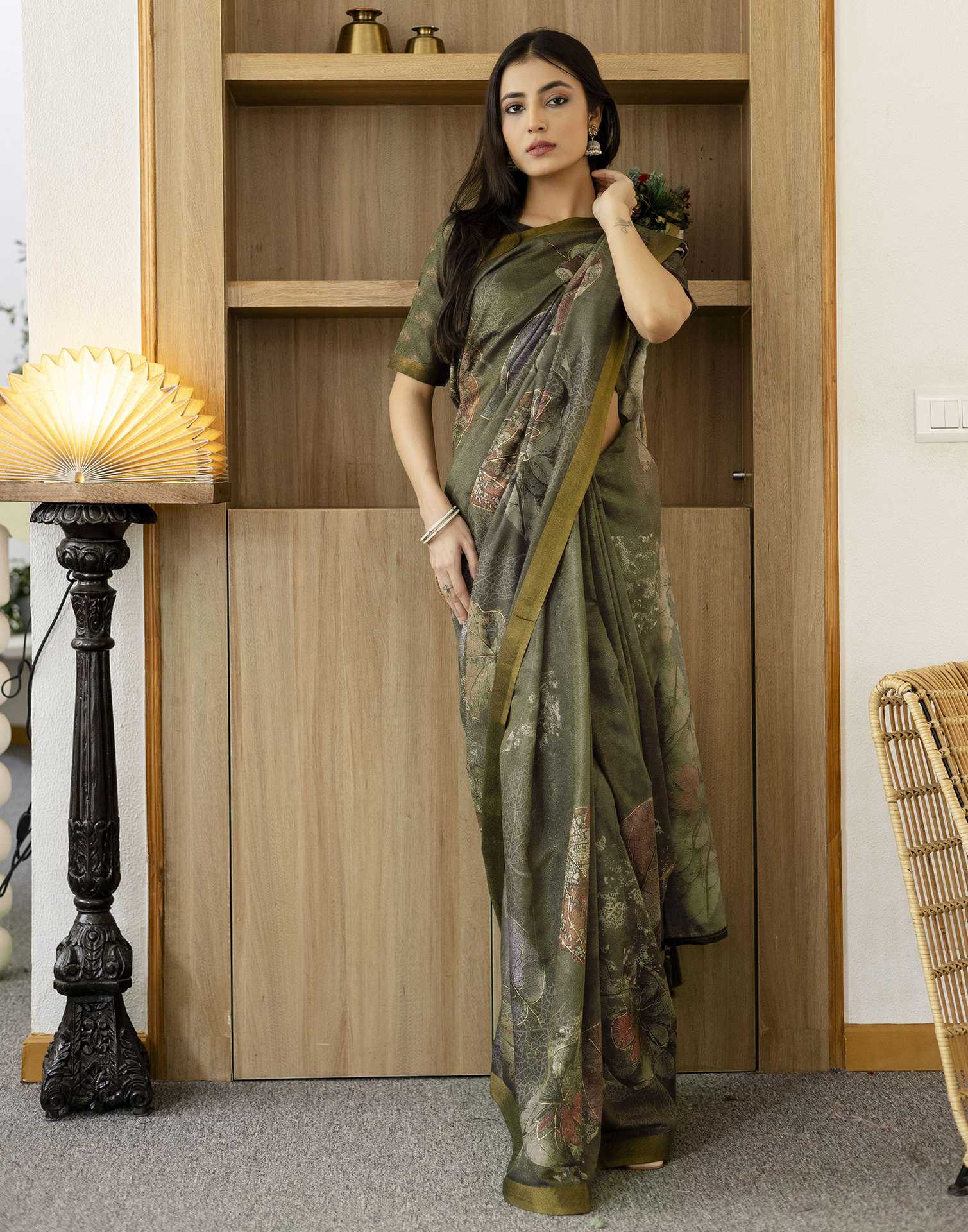 Dusty Olive Green Shimmer Printed Saree