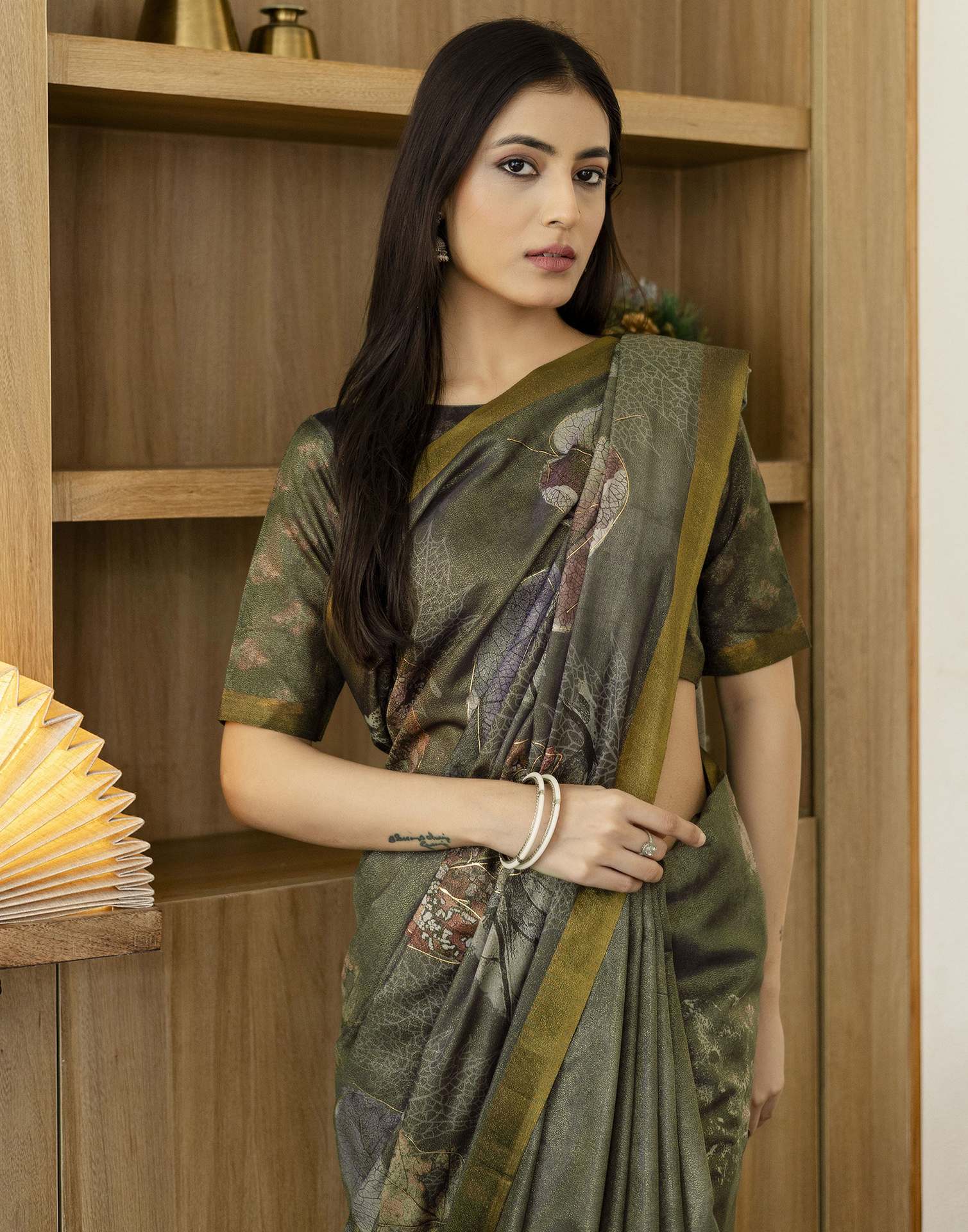 Dusty Olive Green Shimmer Printed Saree