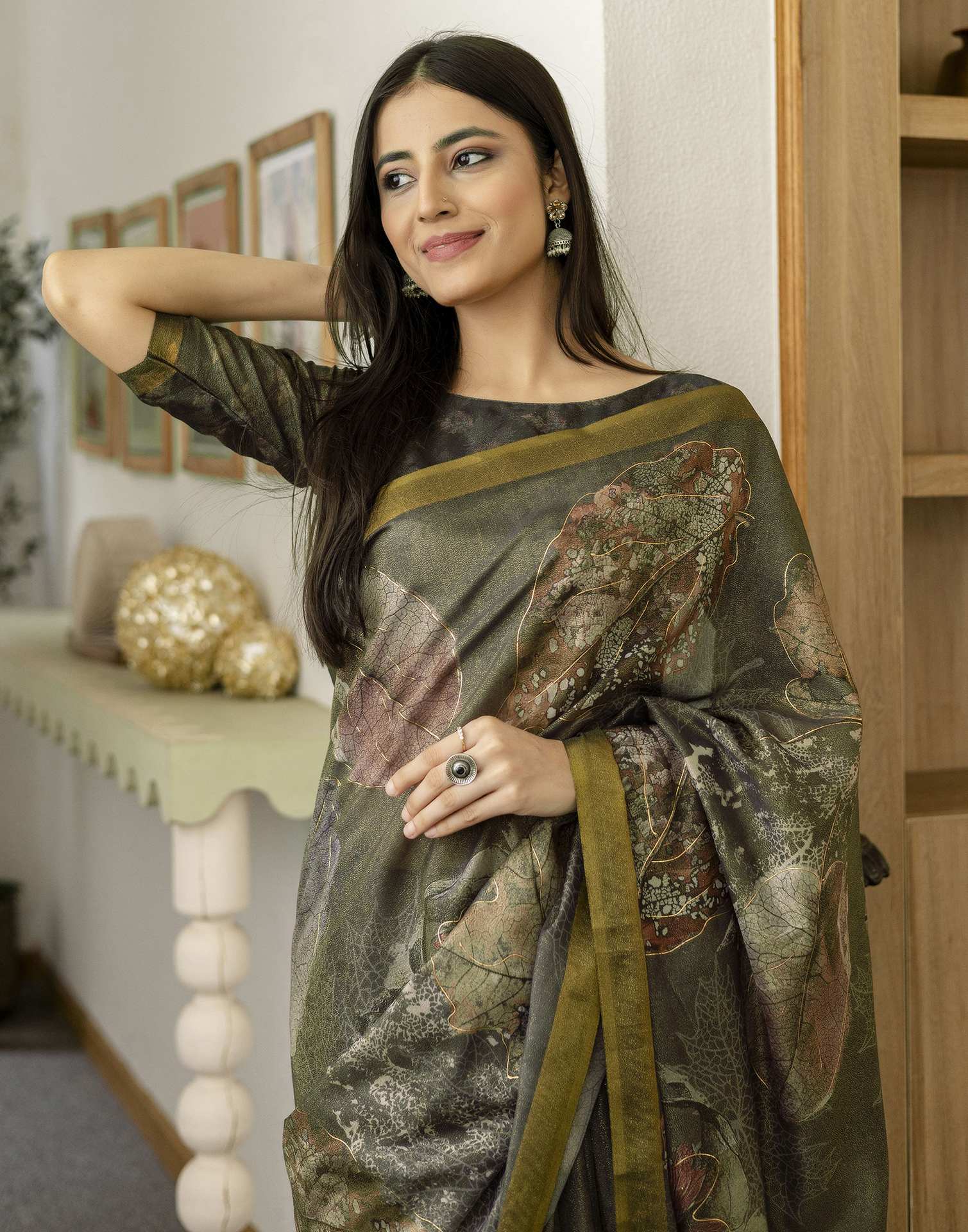 Dusty Olive Green Shimmer Printed Saree