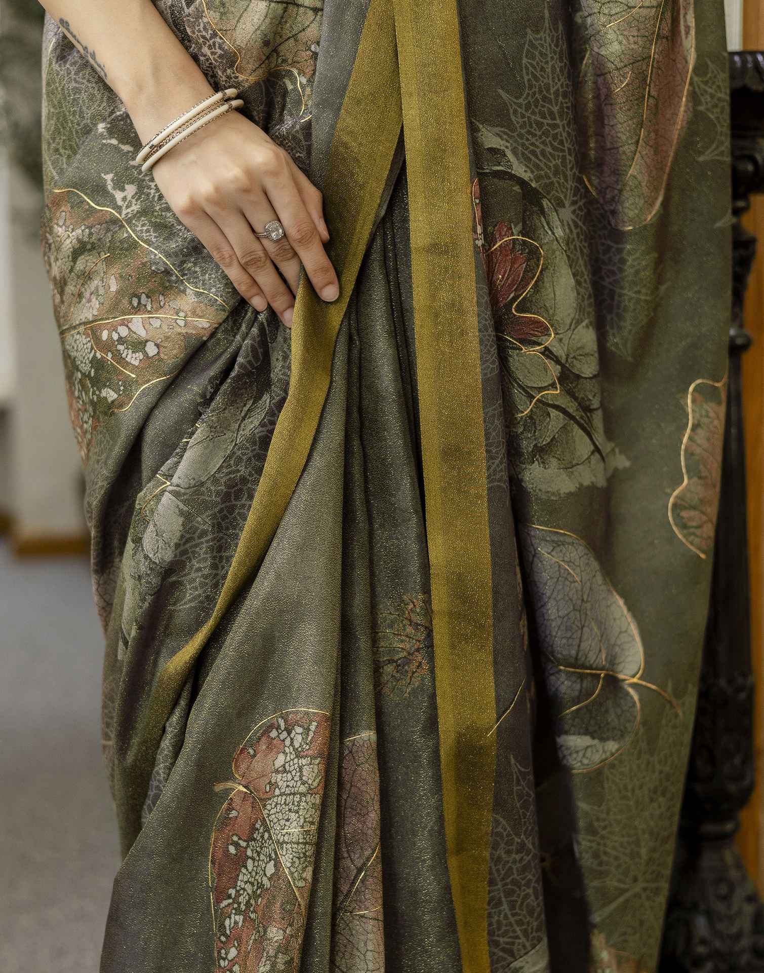 Dusty Olive Green Shimmer Printed Saree