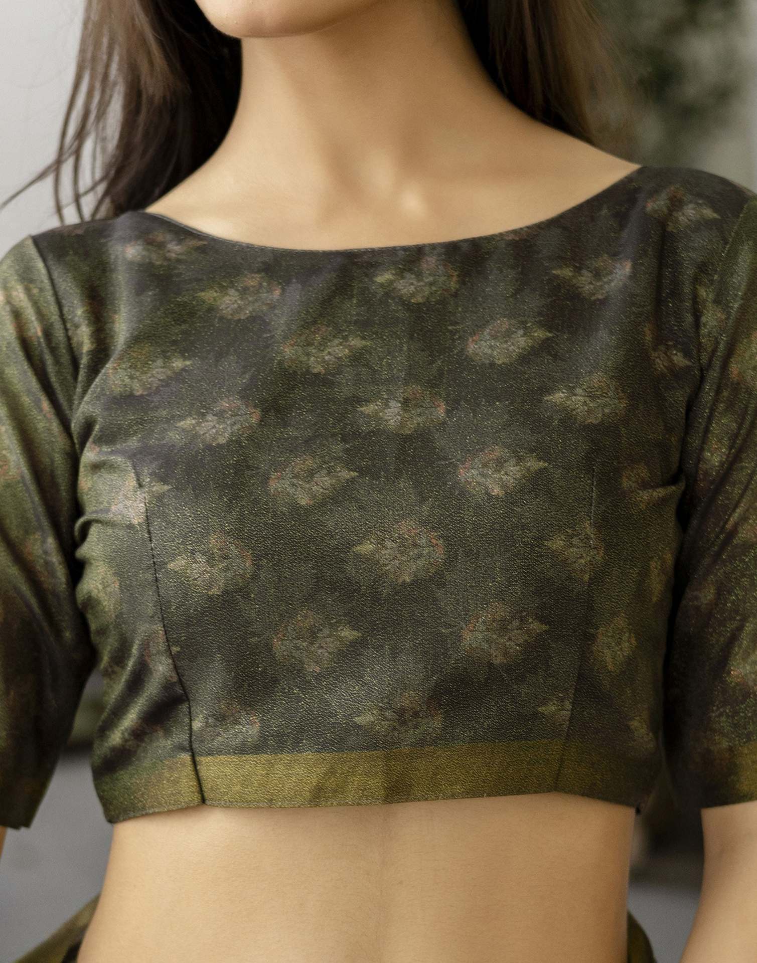 Dusty Olive Green Shimmer Printed Saree