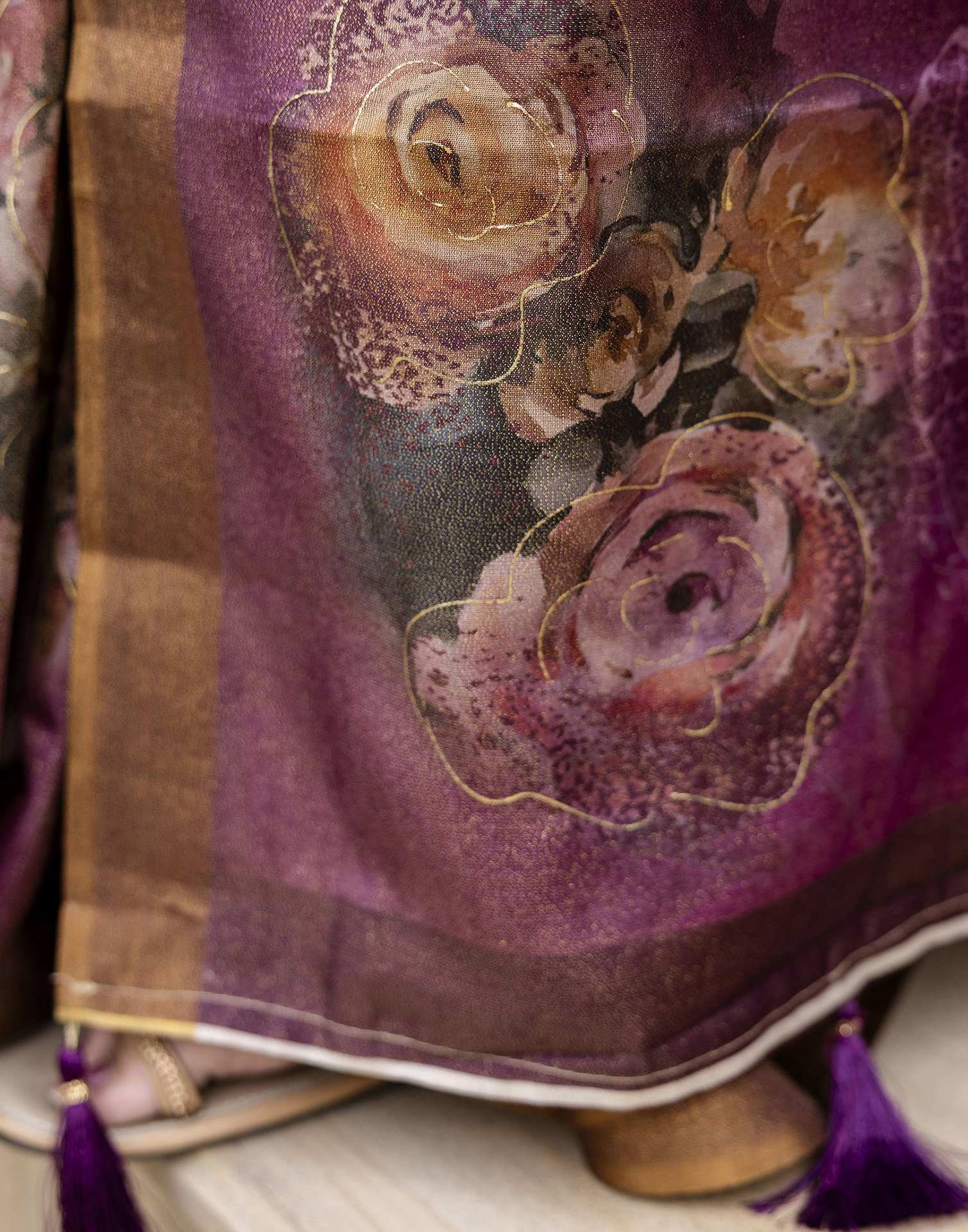 Dusty Wine Shimmer Floral Printed Saree