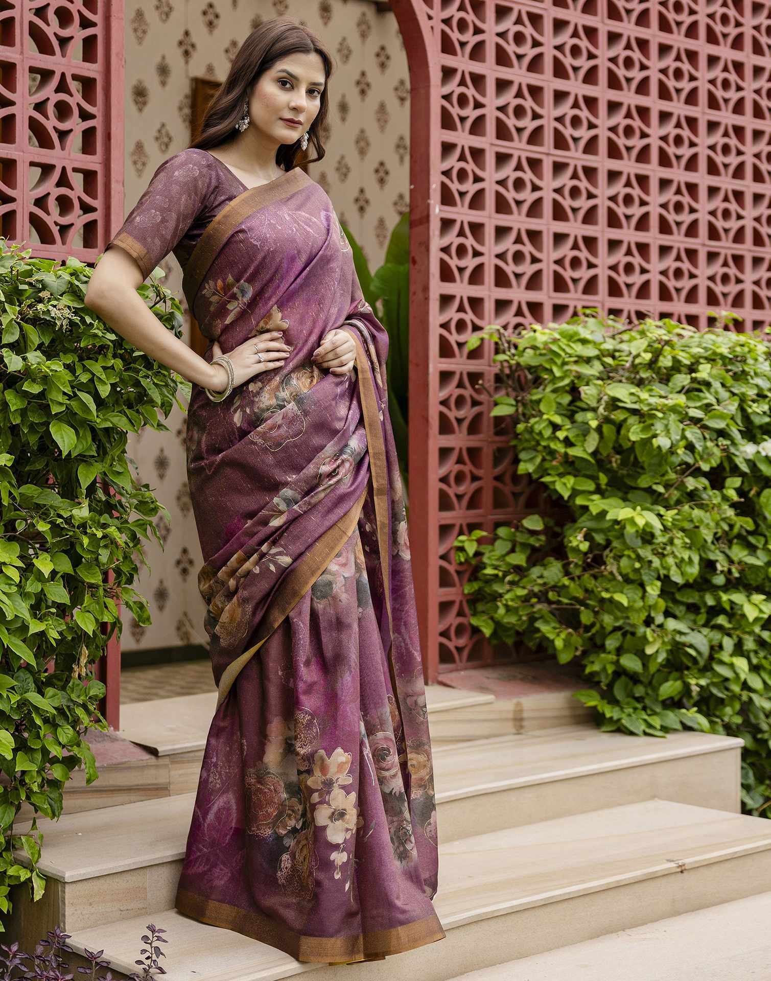 Dusty Wine Shimmer Floral Printed Saree