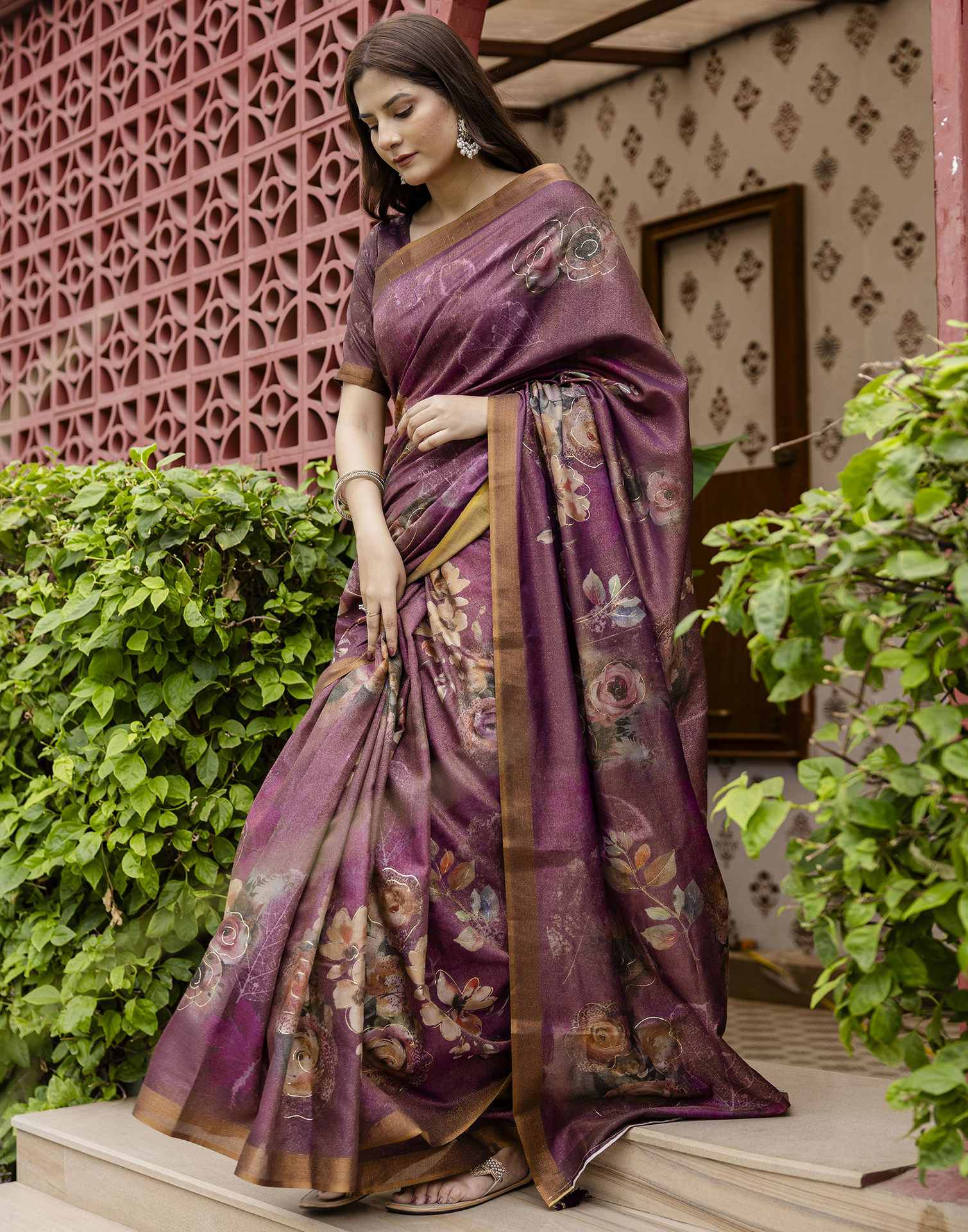 Dusty Wine Shimmer Floral Printed Saree
