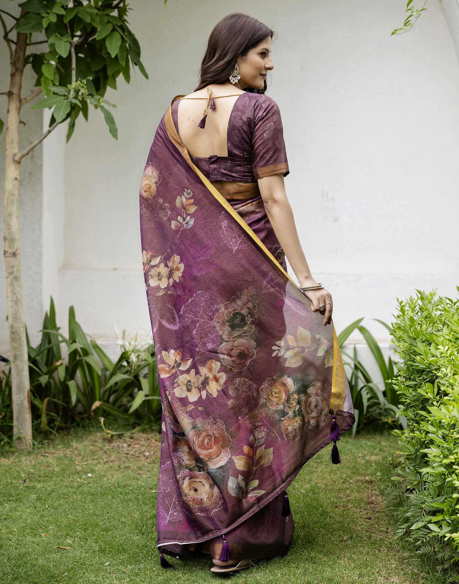 Dusty Wine Shimmer Floral Printed Saree
