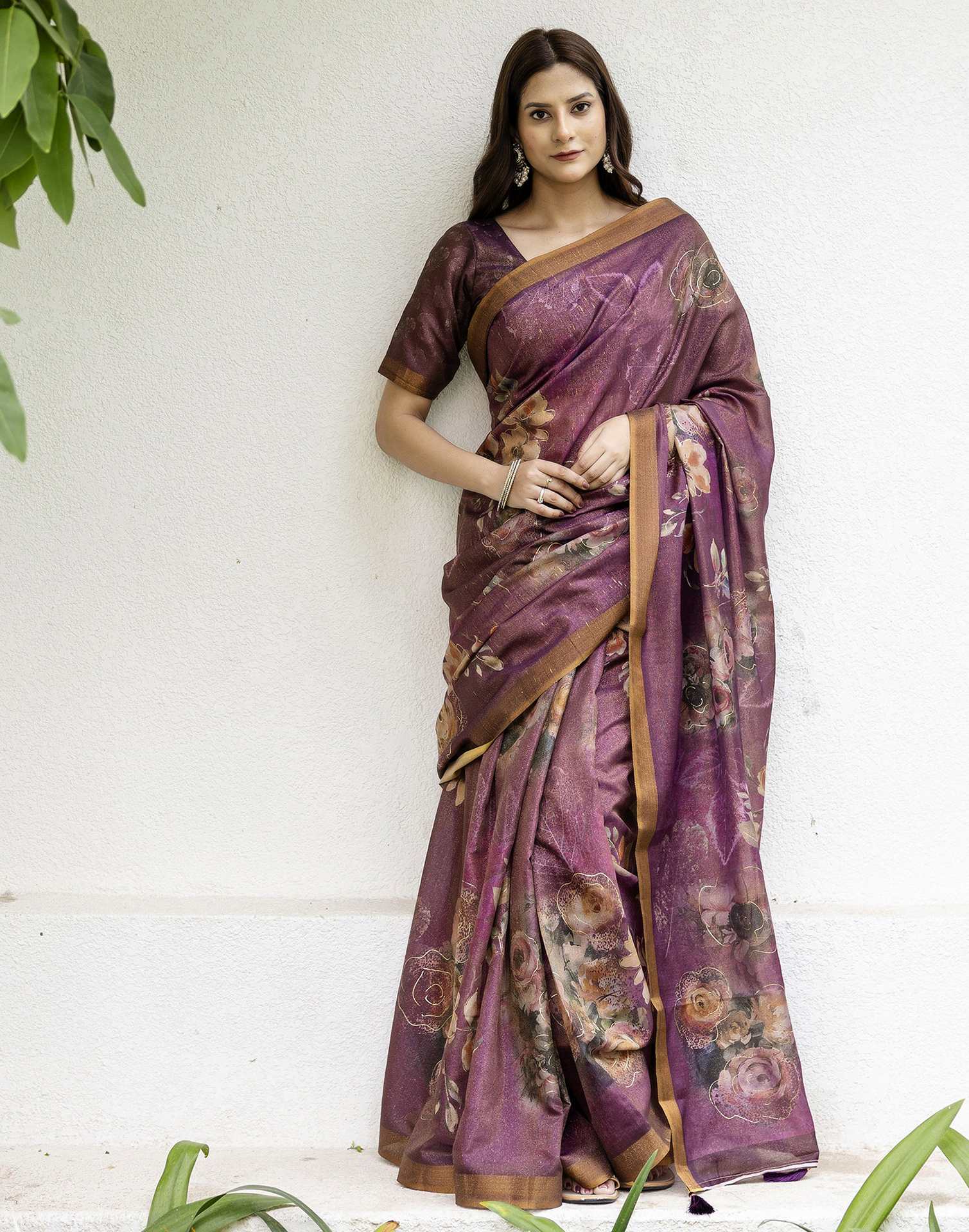 Dusty Wine Shimmer Floral Printed Saree