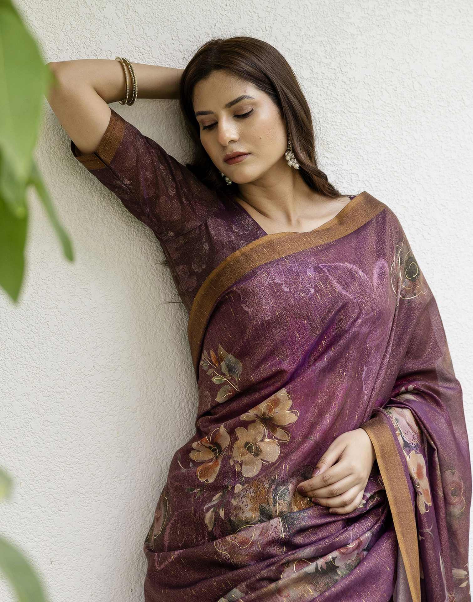 Dusty Wine Shimmer Floral Printed Saree