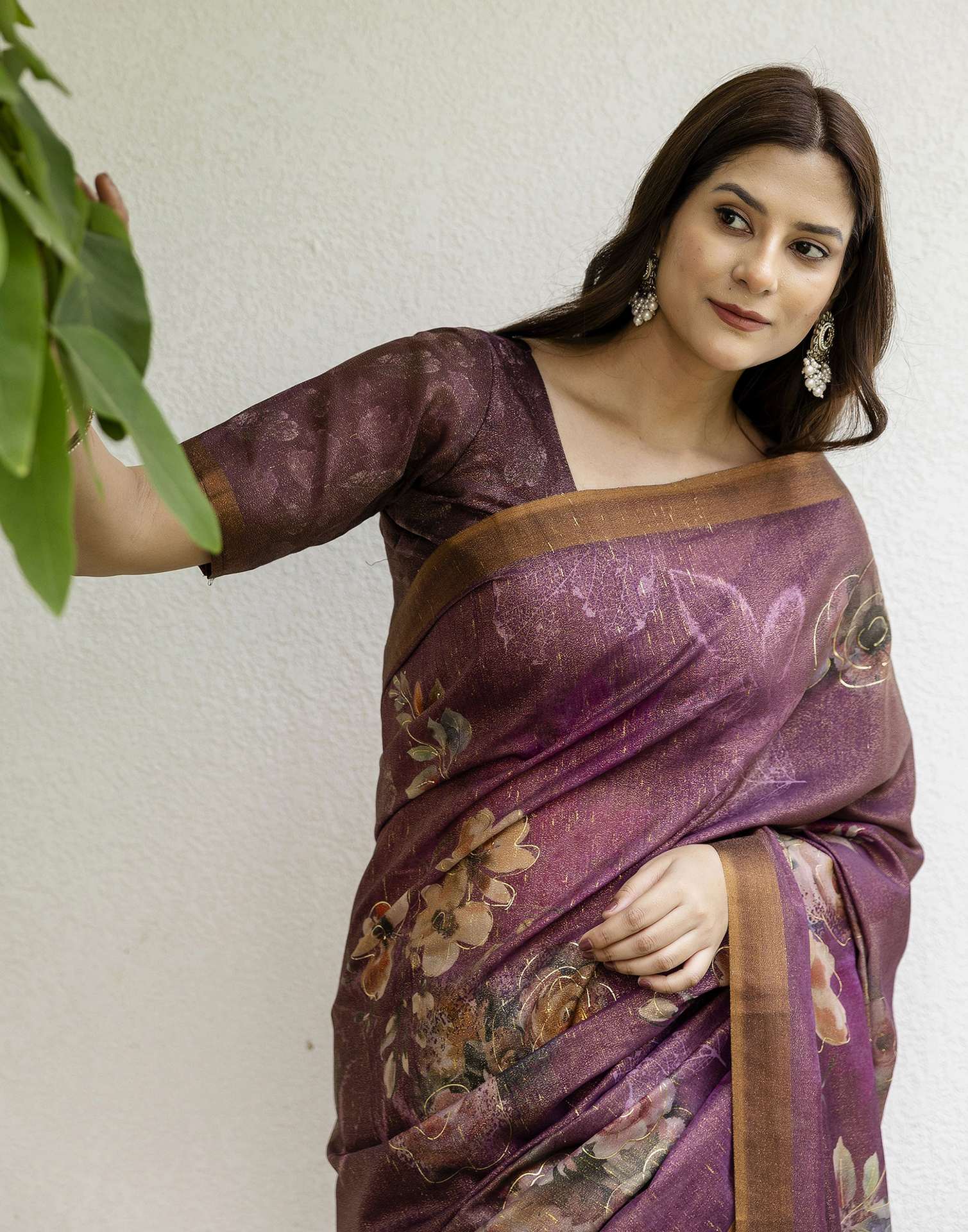 Dusty Wine Shimmer Floral Printed Saree
