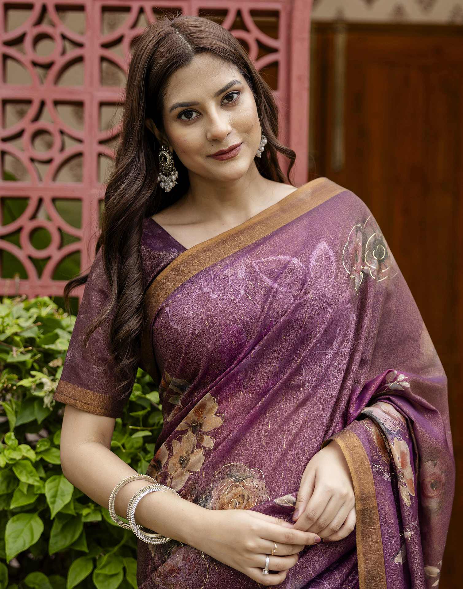 Dusty Wine Shimmer Floral Printed Saree