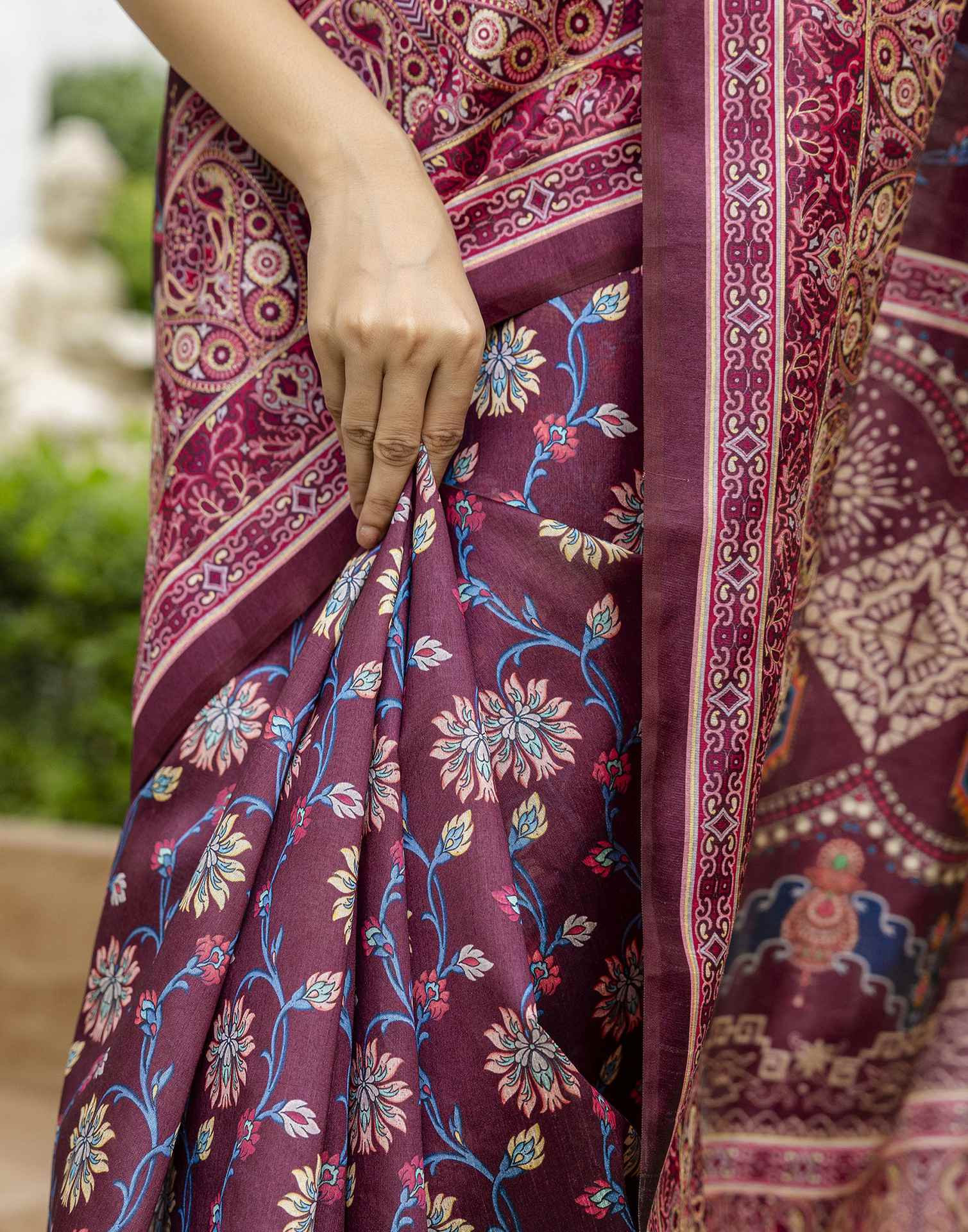 Dark Wine Silk Floral Printed Saree