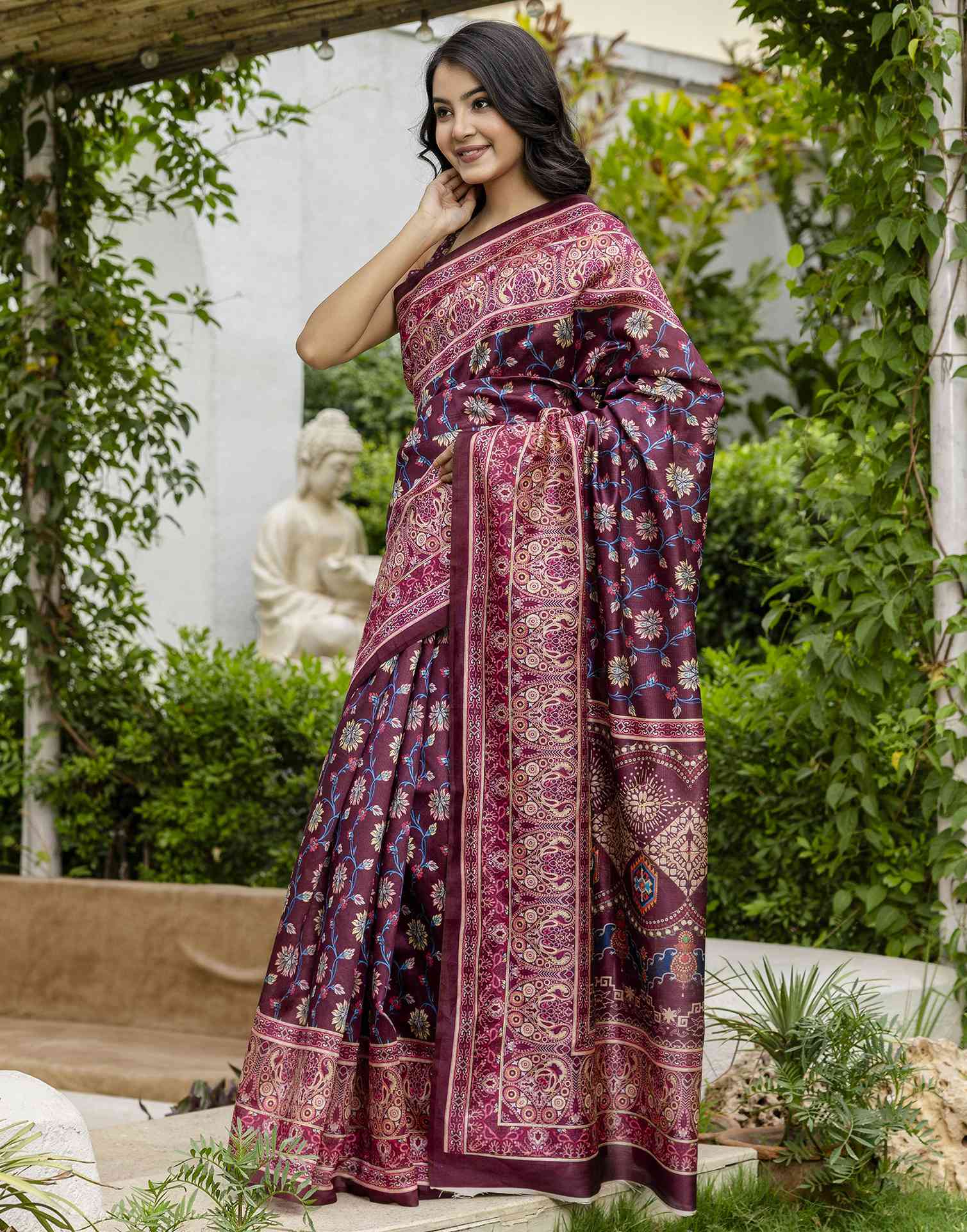 Dark Wine Silk Floral Printed Saree
