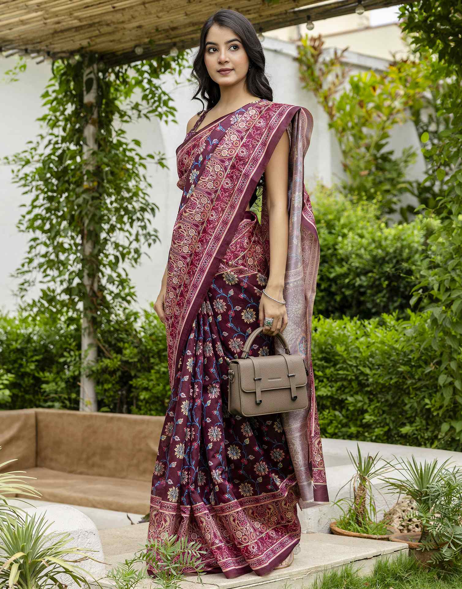 Dark Wine Silk Floral Printed Saree