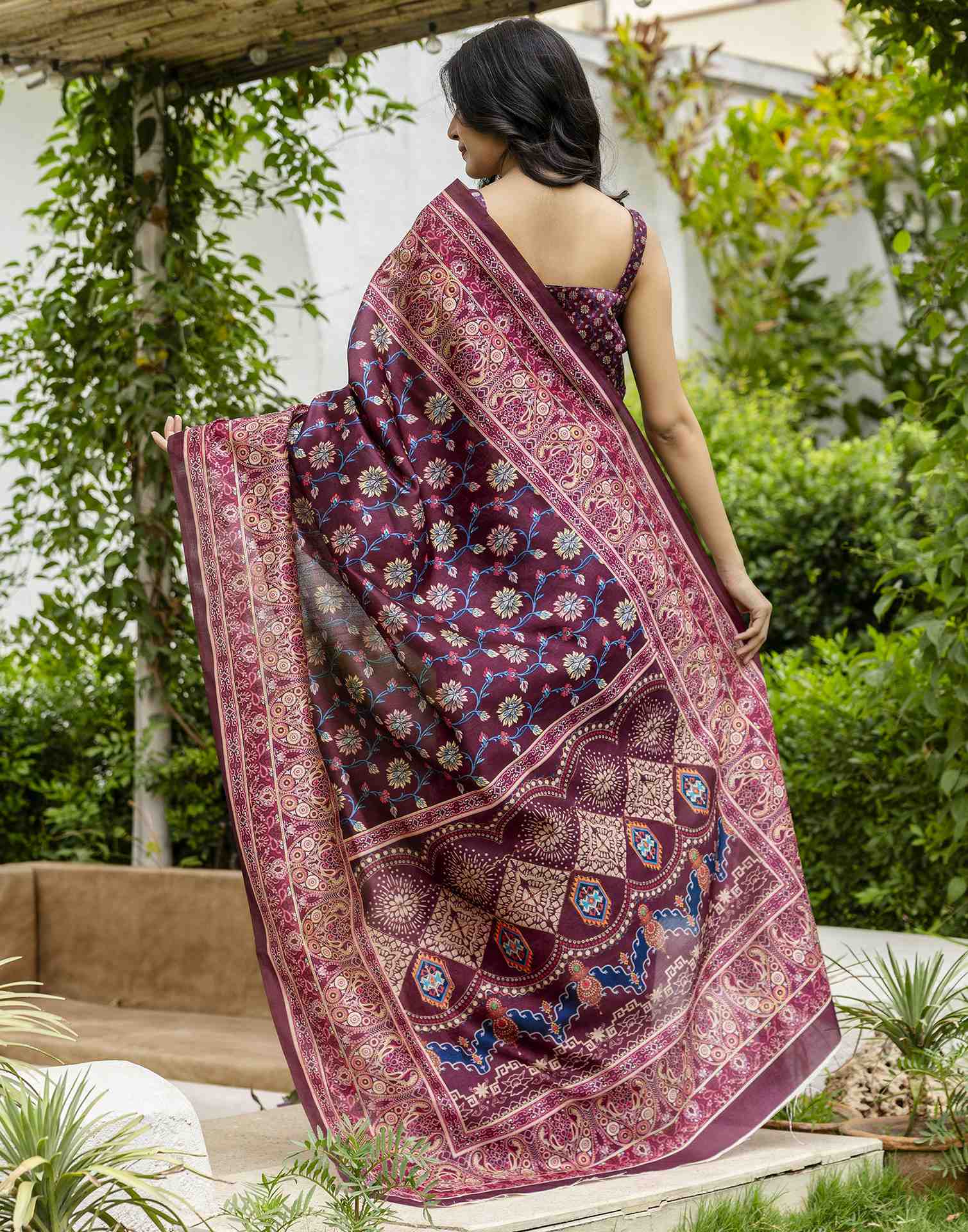 Dark Wine Silk Floral Printed Saree