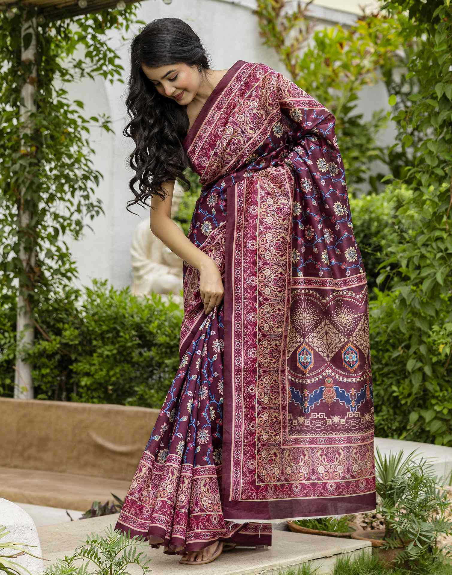 Dark Wine Silk Floral Printed Saree