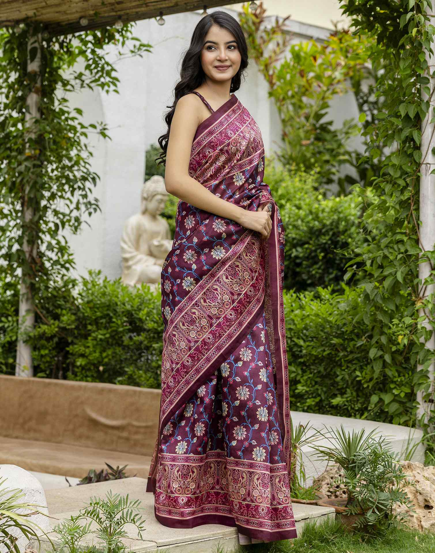Dark Wine Silk Floral Printed Saree