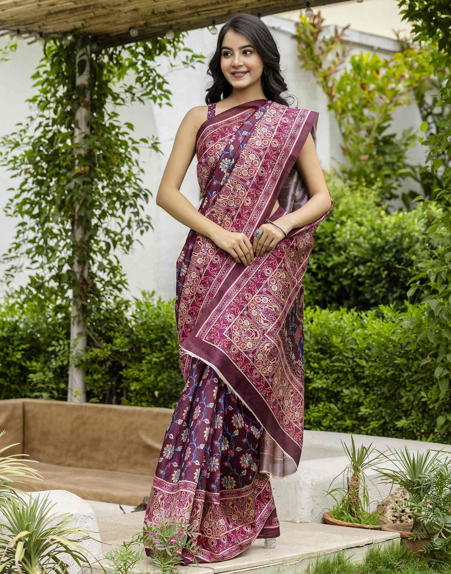 Dark Wine Silk Floral Printed Saree